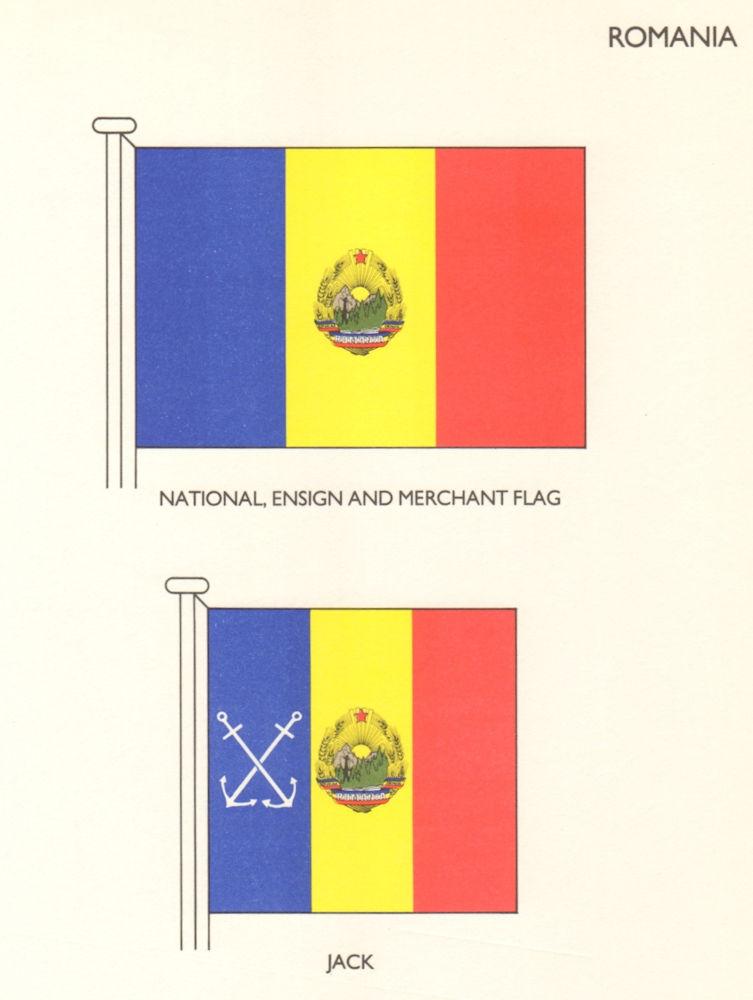 ROMANIA FLAGS. National Ensign and Merchant flag, Jack 1985 old vintage print