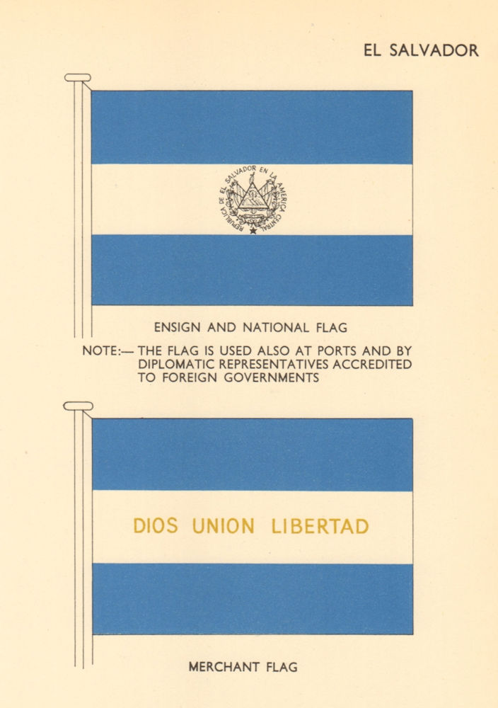 EL SALVADOR FLAGS. Ensign and National Flag, Merchant Flag 1955 old print