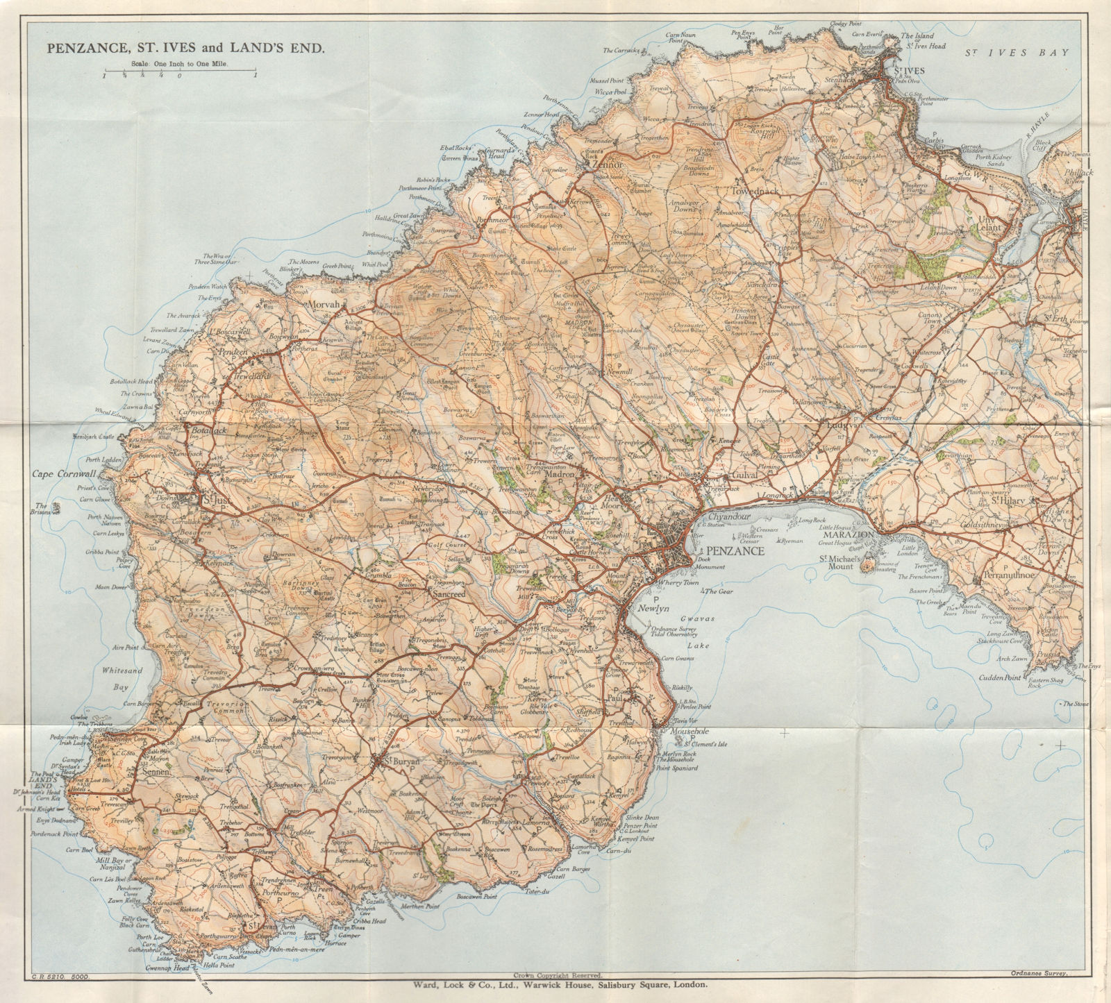 PENZANCE, ST. IVES & LAND'S END. Cornwall. WARD LOCK 1936 old vintage map