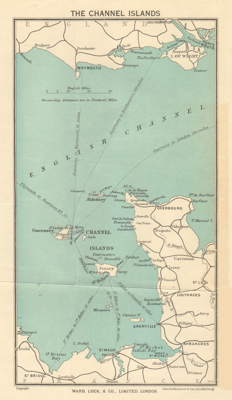 Associate Product CHANNEL ISLANDS ferry routes. Jersey Guernsey Sark Cotentin. WARD LOCK 1951 map