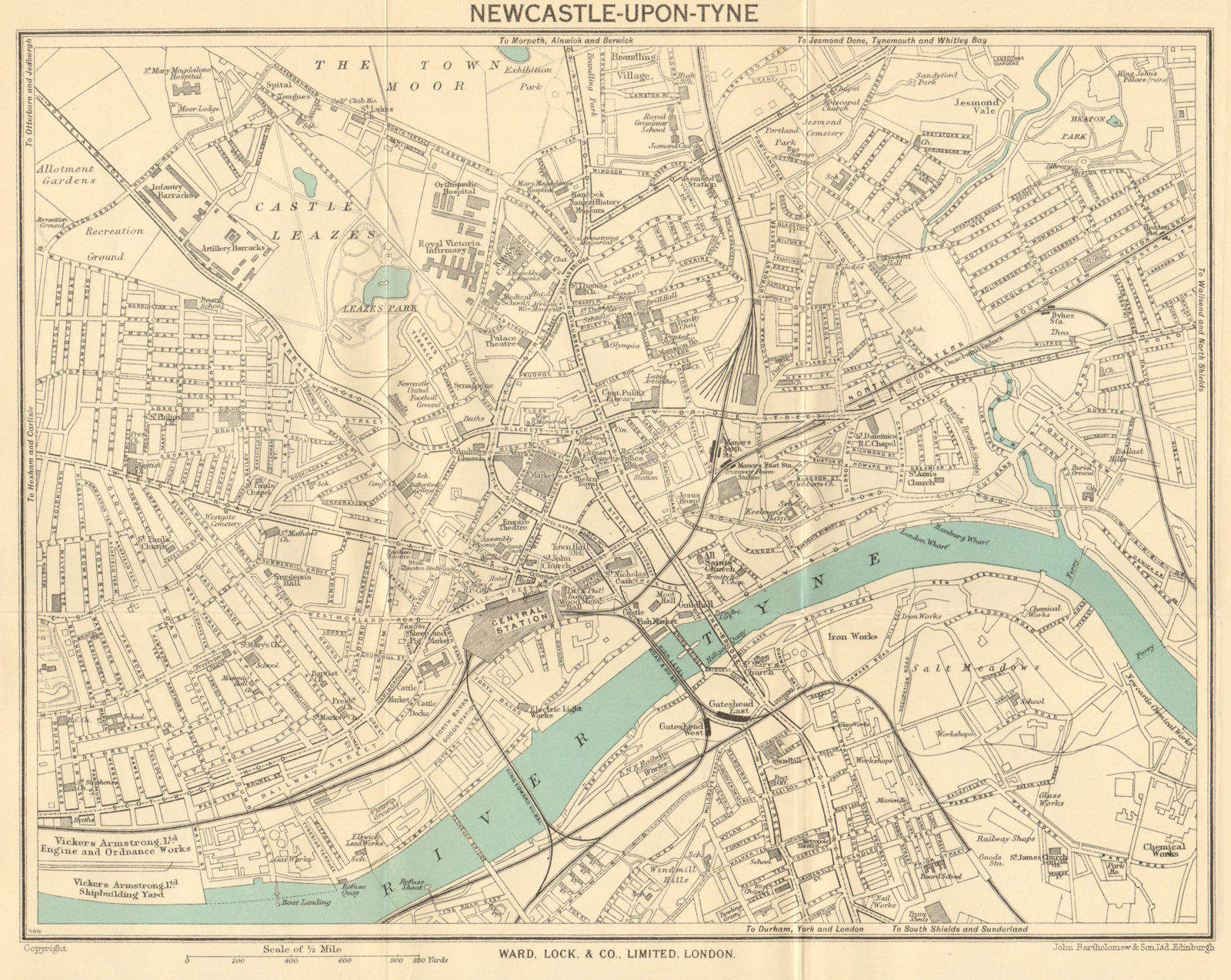 NEWCASTLE-UPON-TYNE vintage town/city plan. Gateshead. WARD LOCK 1948 old map
