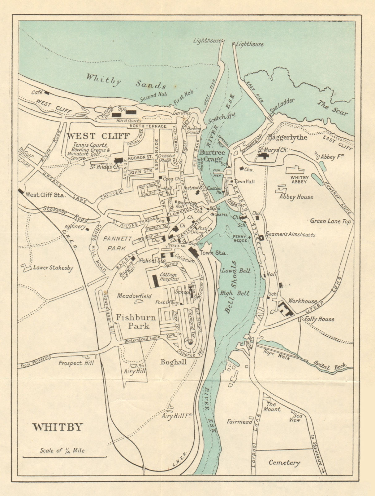 WHITBY vintage town/city plan. Yorkshire. WARD LOCK 1930 old vintage ...