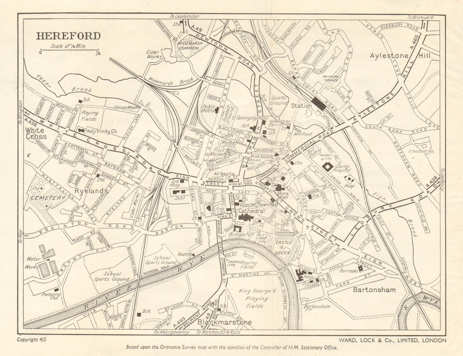 Associate Product HEREFORD vintage town/city plan. Herefordshire. River Wye. WARD LOCK 1955 map