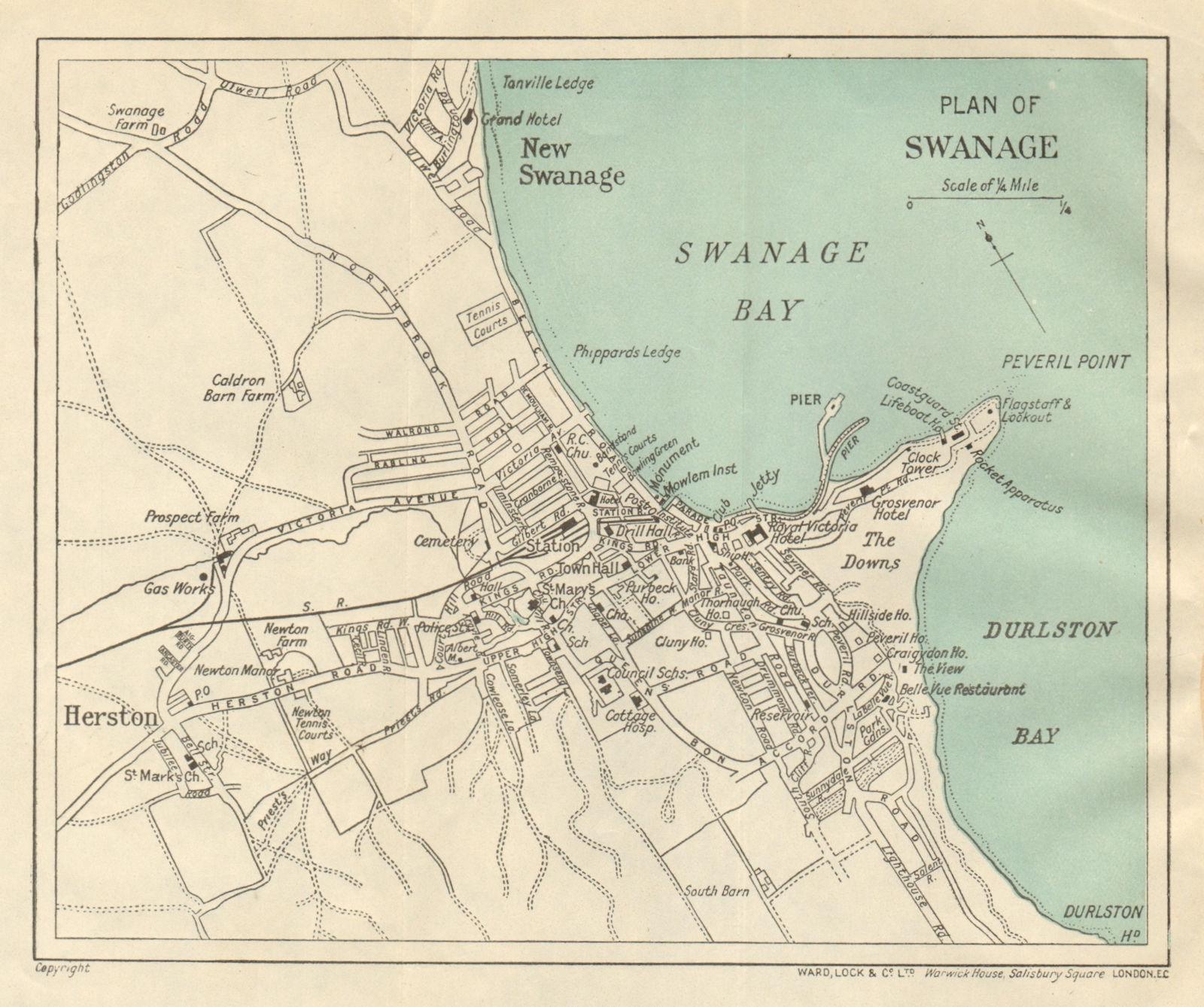 SWANAGE vintage town/city plan. Dorset. WARD LOCK 1928 old vintage map chart