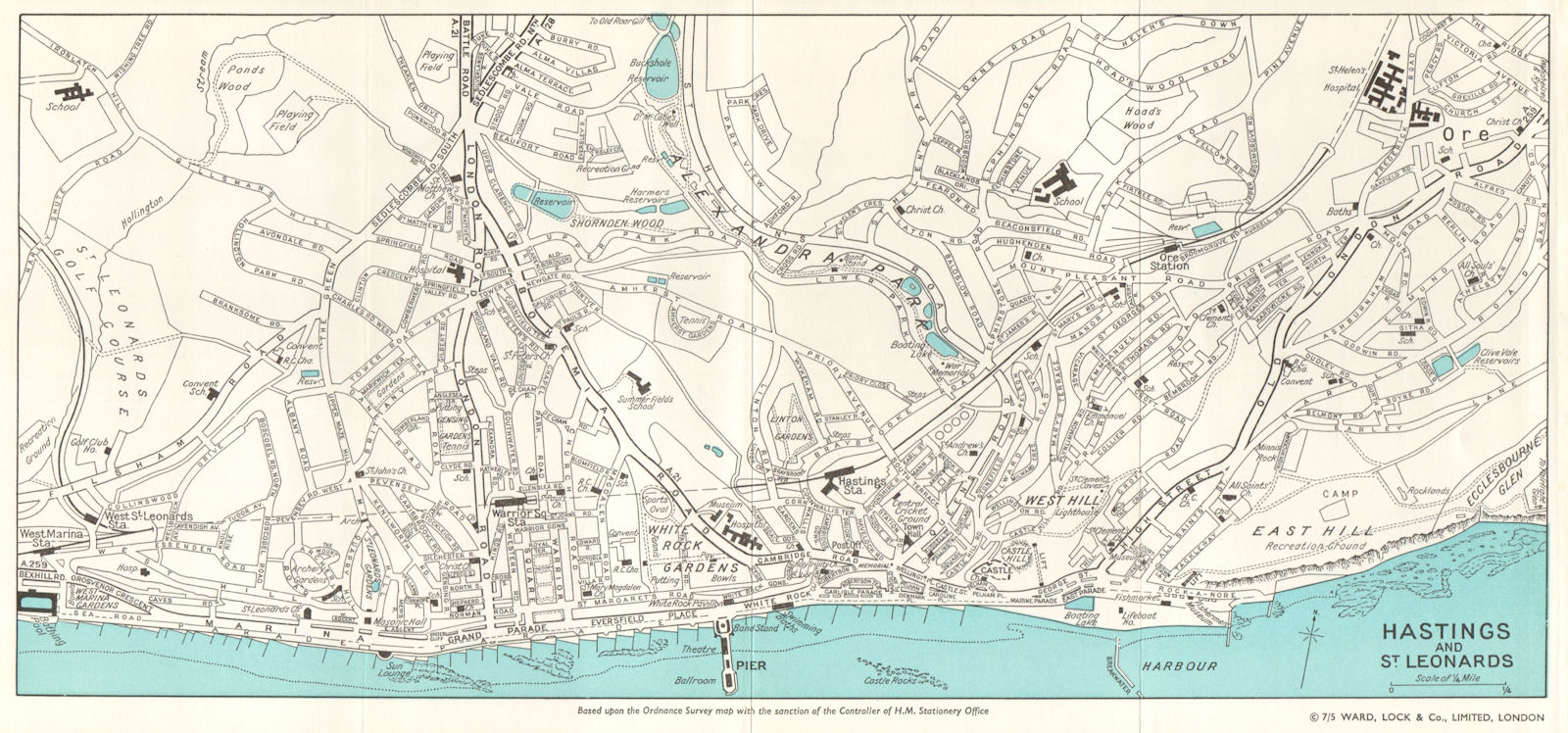 HASTINGS AND ST. LEONARDS vintage town/city plan. Sussex. WARD LOCK 1961 map