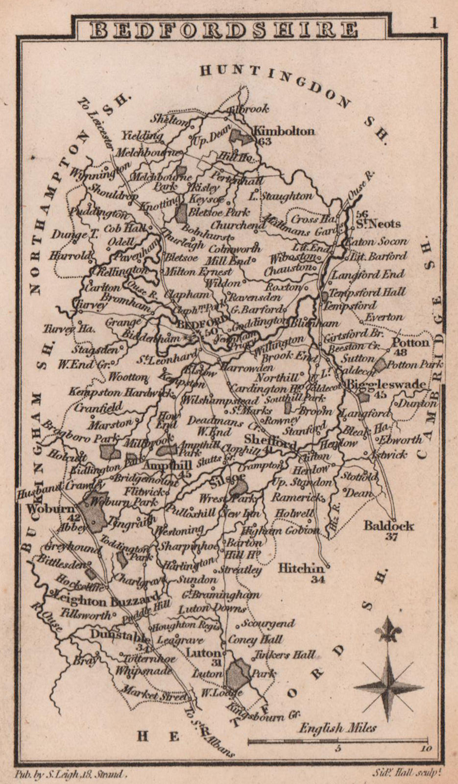 Bedfordshire miniature county map by Samuel Leigh / Sidney Hall c1820 old