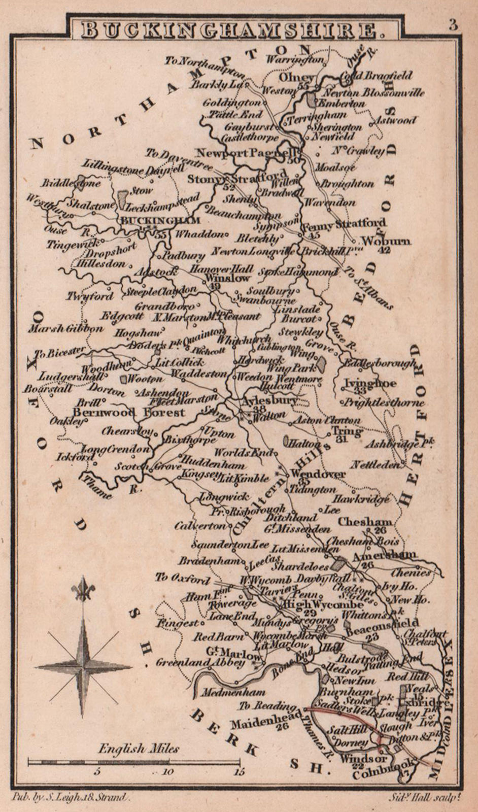 Buckinghamshire miniature county map by Samuel Leigh / Sidney Hall c1820