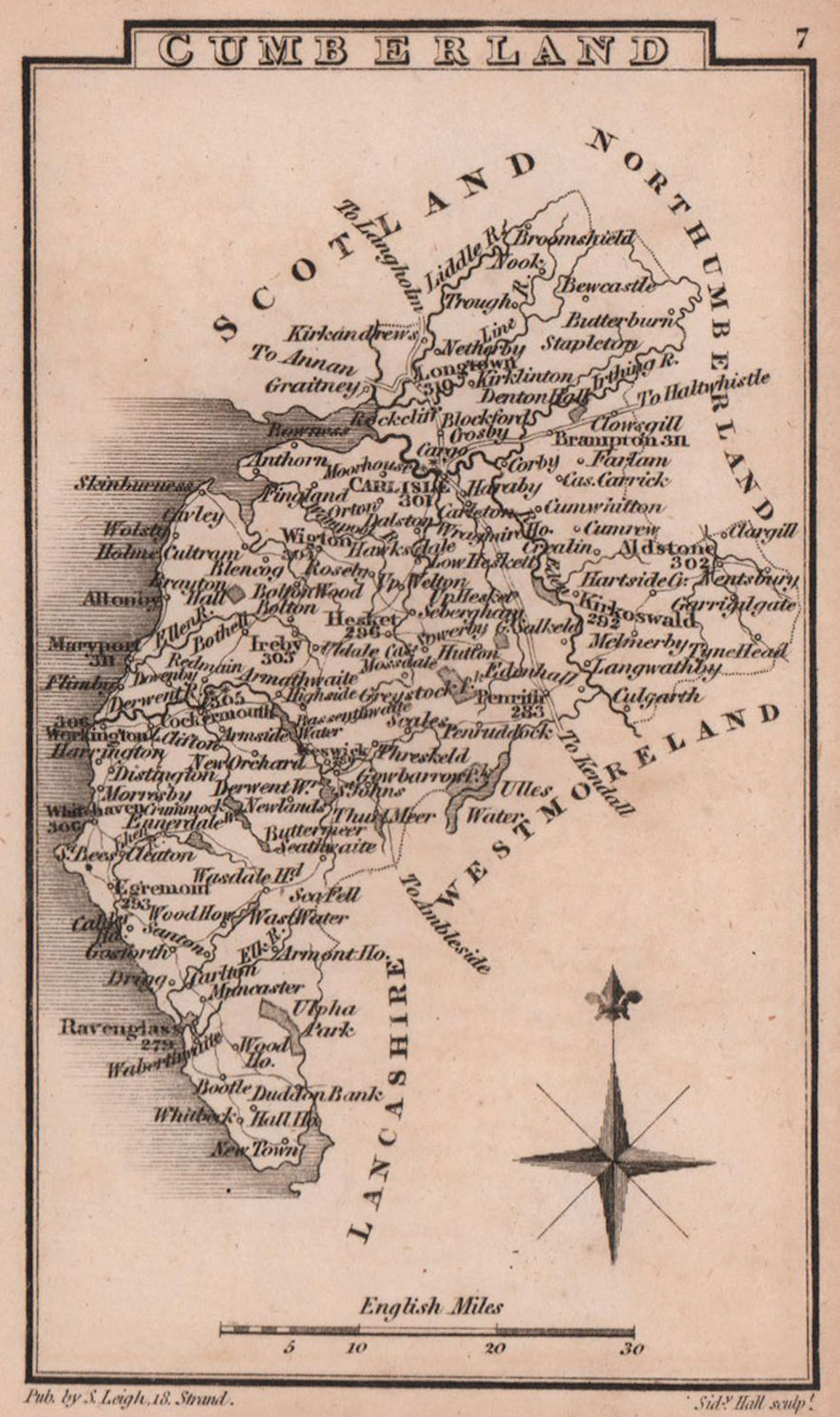 Associate Product Cumberland / Cumbria miniature county map by Samuel Leigh / Sidney Hall c1820