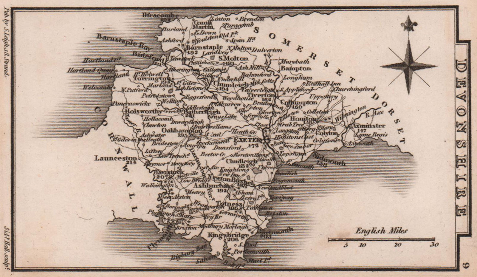 Devonshire miniature county map by Samuel Leigh / Sidney Hall c1820 old