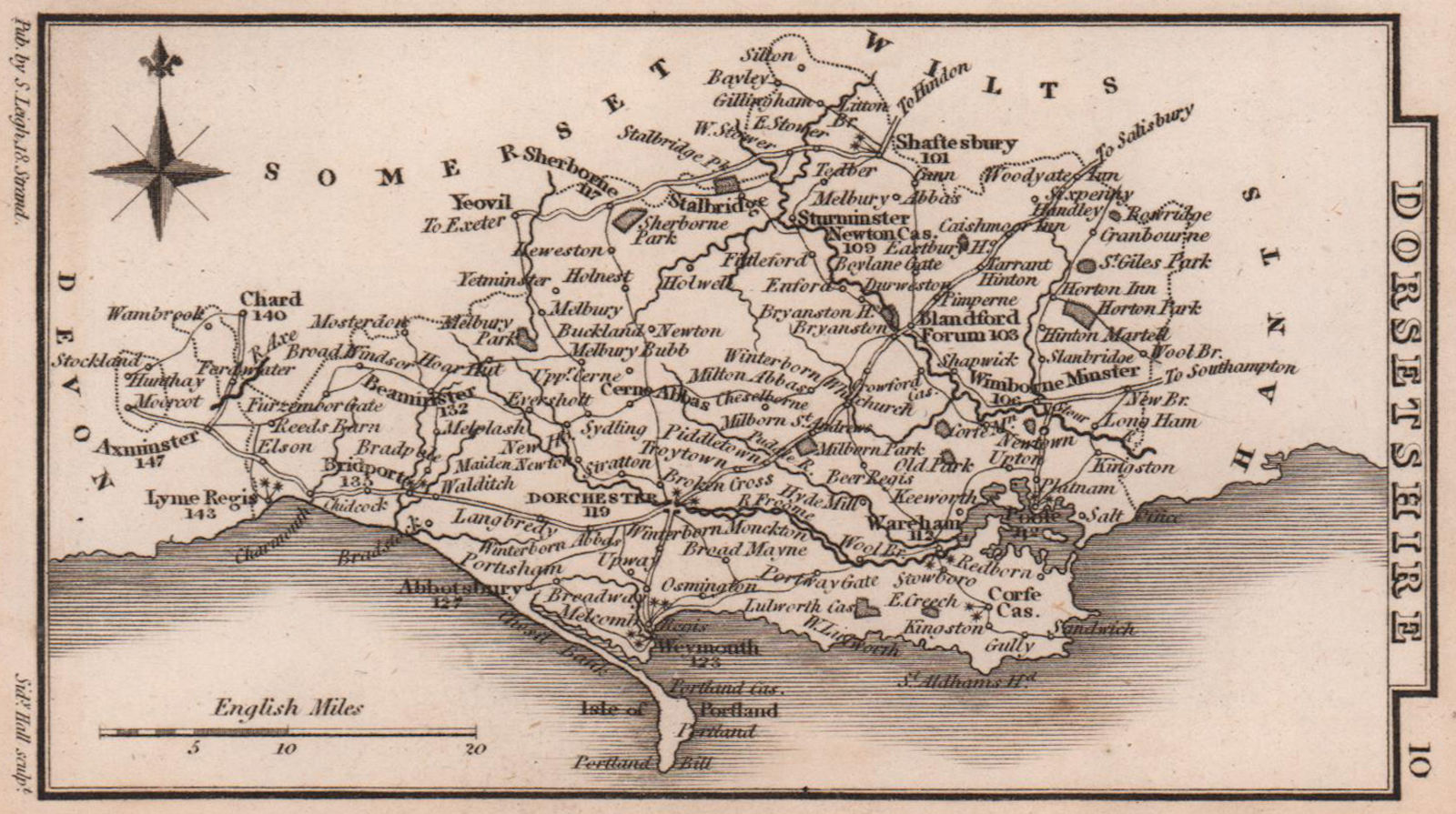Dorsetshire miniature county map by Samuel Leigh / Sidney Hall c1820 old
