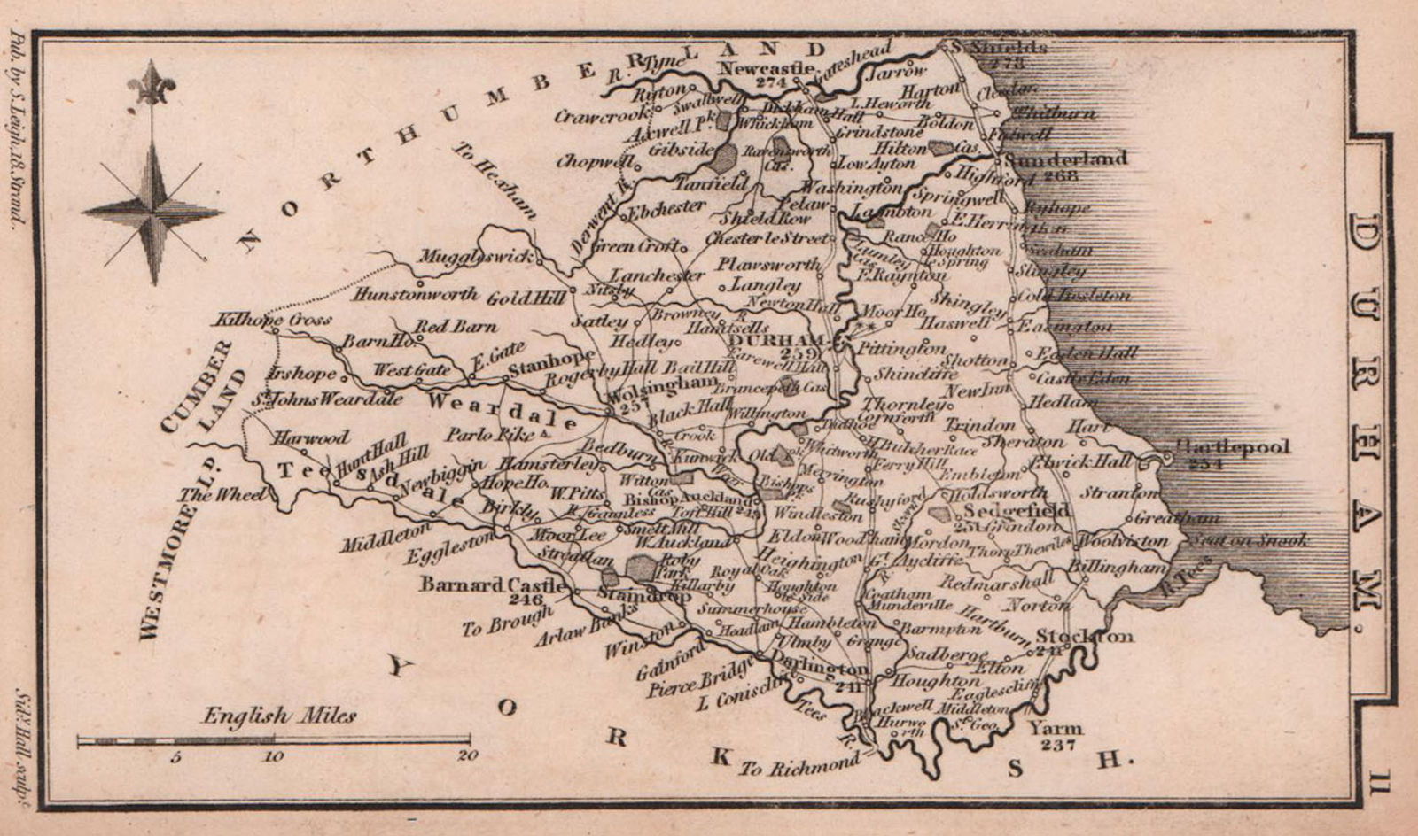 Durham miniature county map by Samuel Leigh / Sidney Hall c1820 old