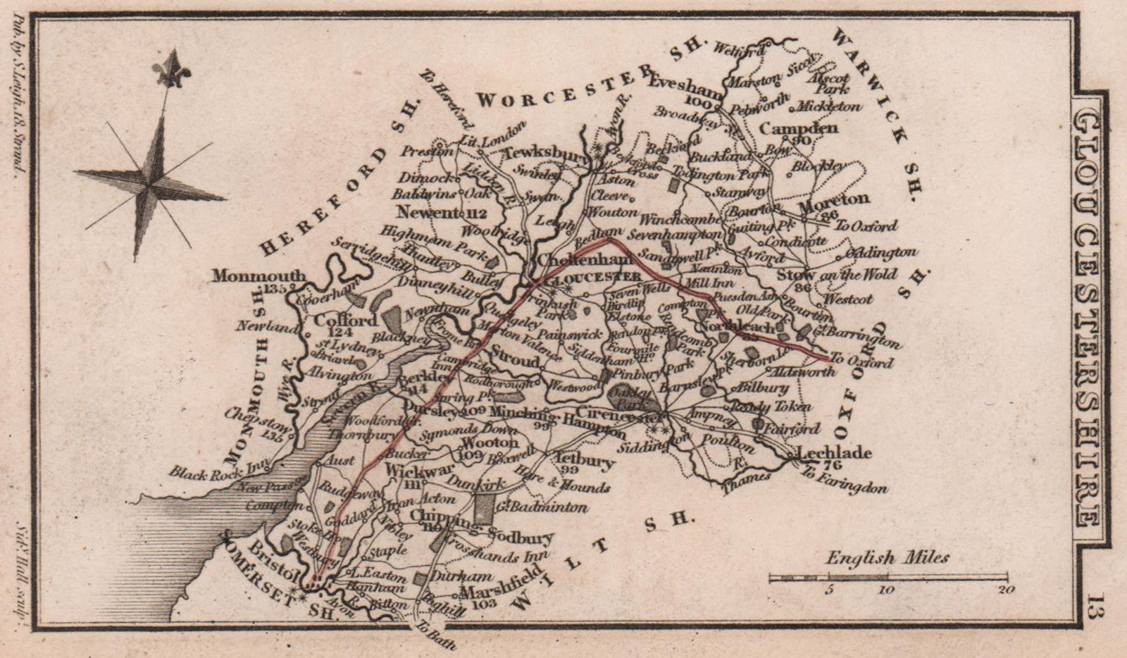 Gloucestershire miniature county map by Samuel Leigh / Sidney Hall c1820