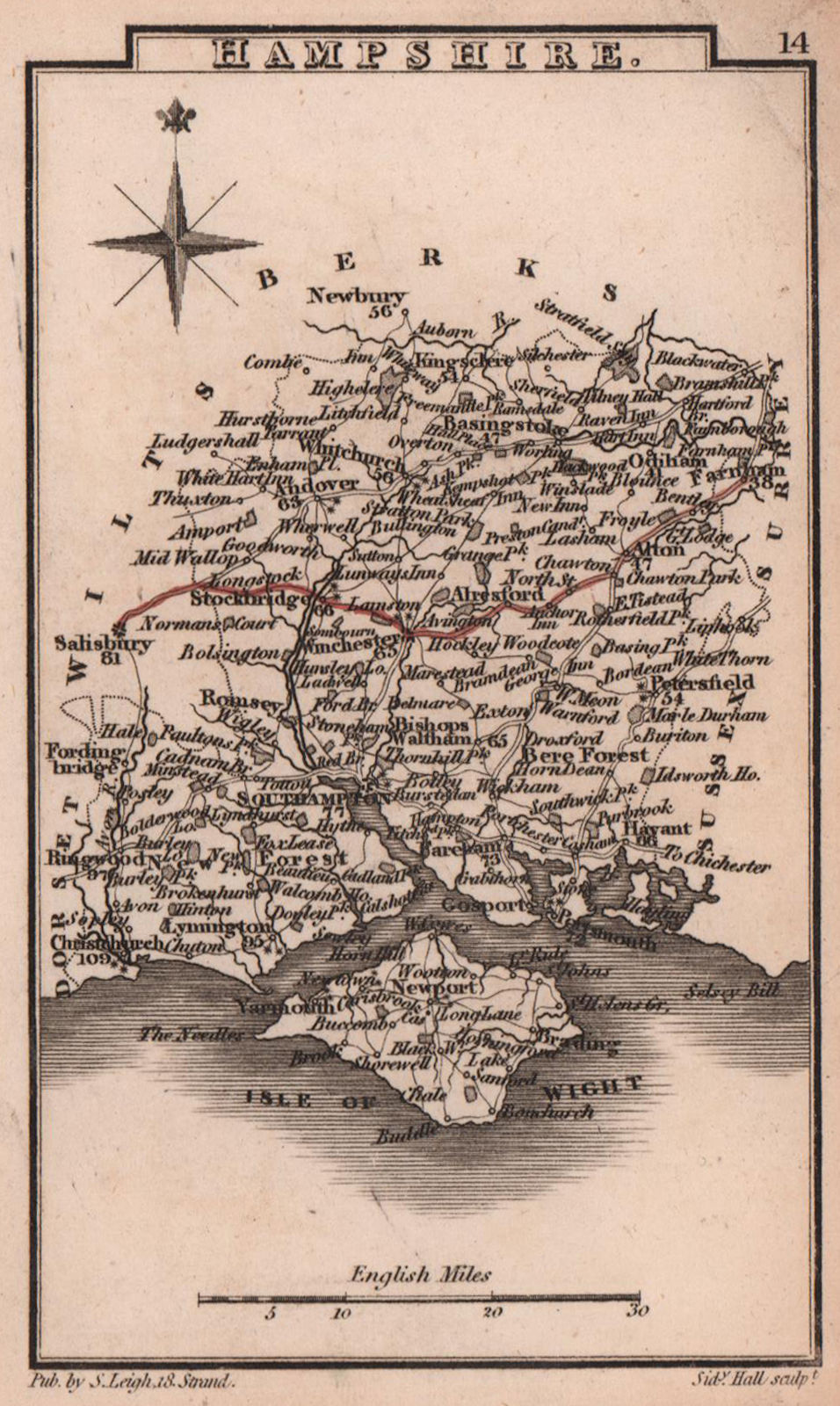 Associate Product Hampshire miniature county map by Samuel Leigh / Sidney Hall c1820 old