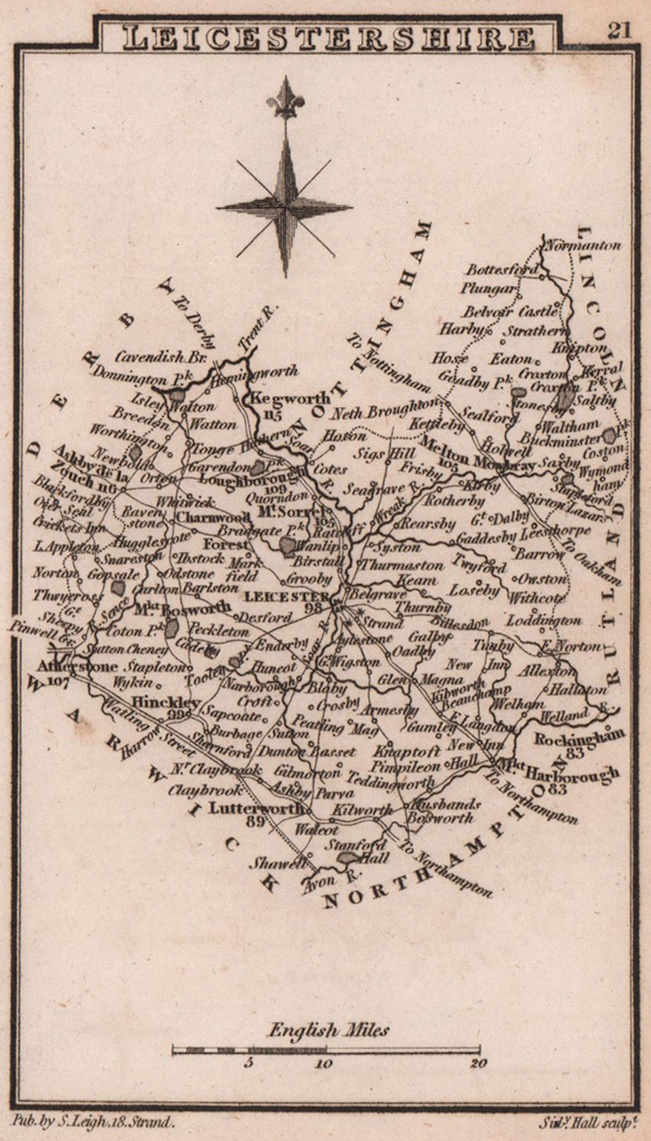 Associate Product Leicestershire miniature county map by Samuel Leigh / Sidney Hall c1820