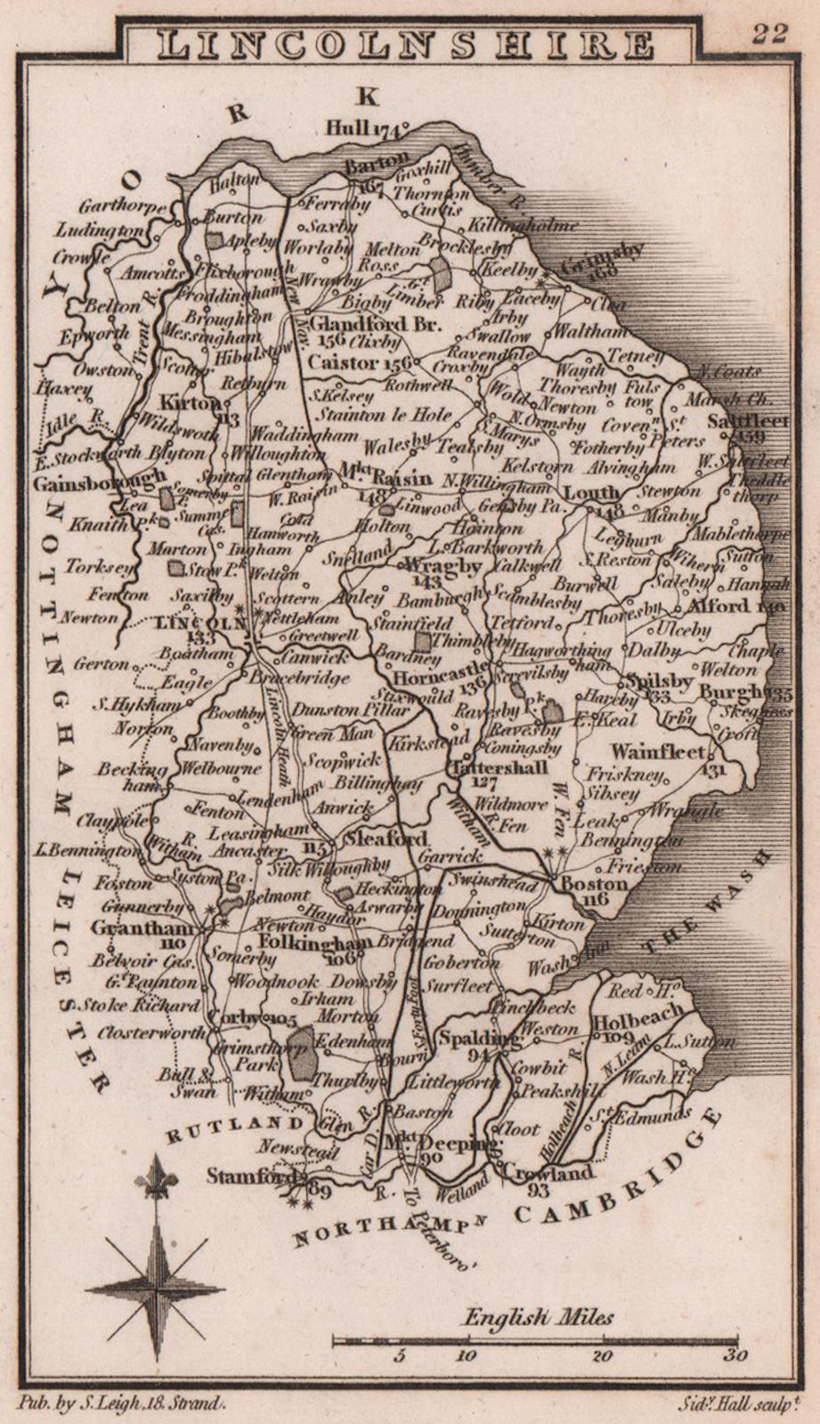 Associate Product Lincolnshire miniature county map by Samuel Leigh / Sidney Hall c1820 old