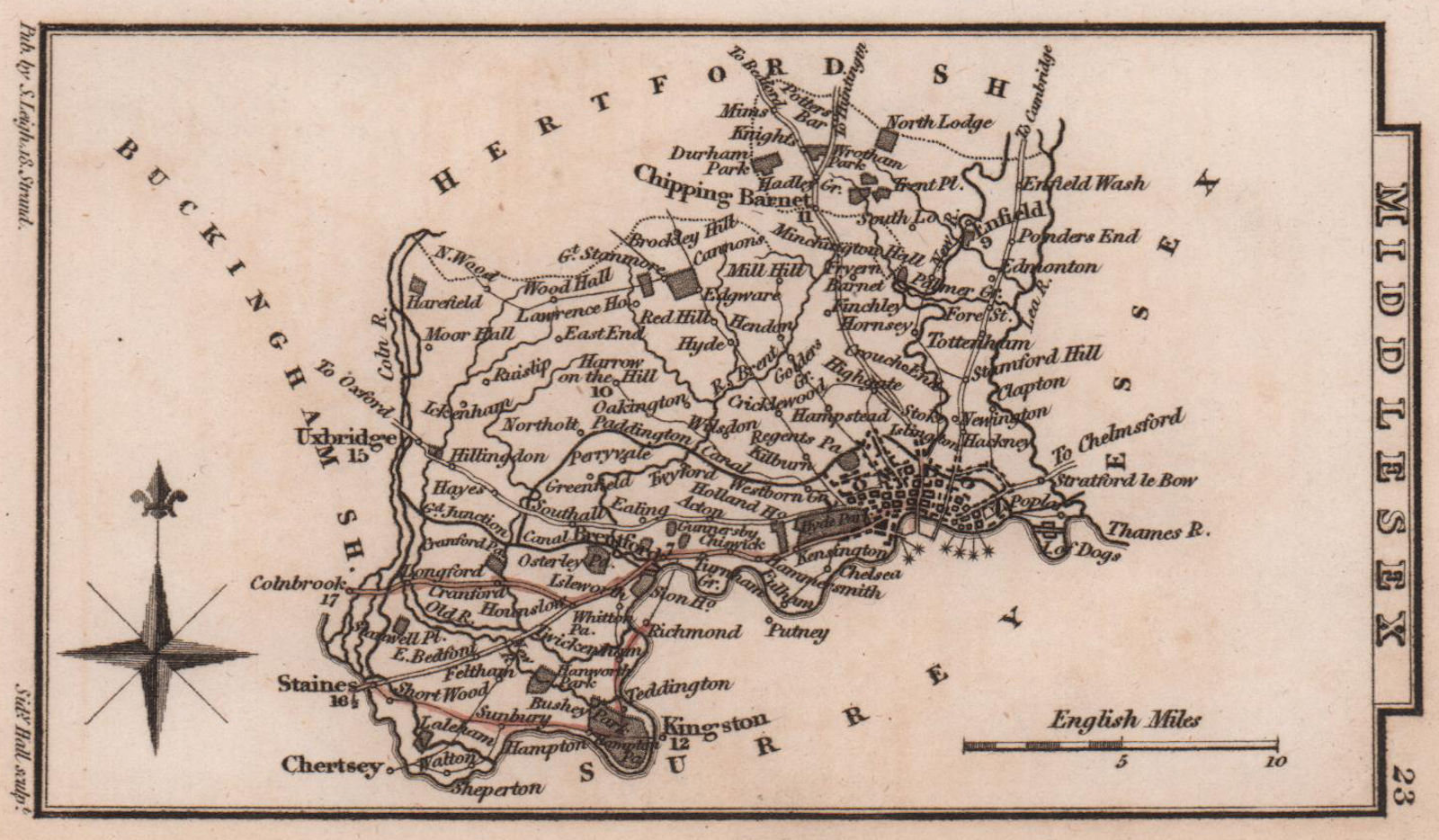 Associate Product Middlesex miniature county map by Samuel Leigh / Sidney Hall c1820 old
