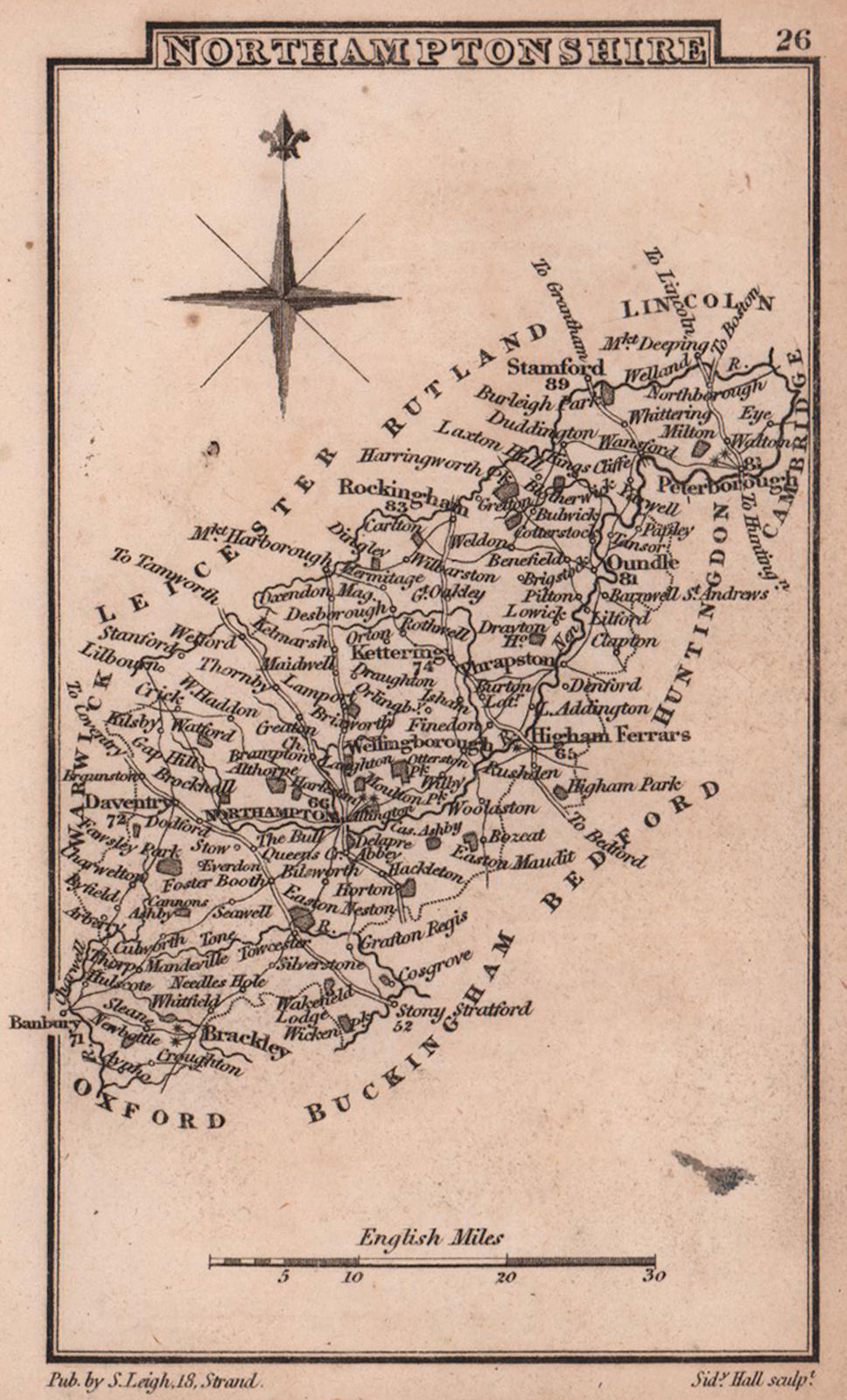 Associate Product Northamptonshire miniature county map by Samuel Leigh / Sidney Hall c1820