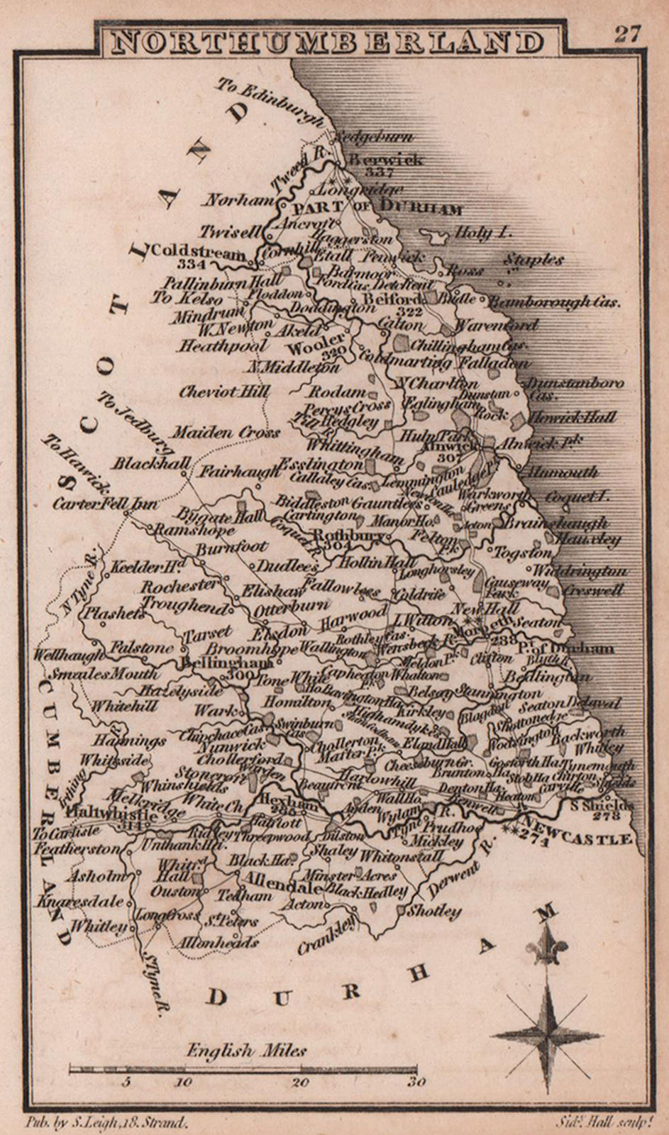 Northumberland miniature county map by Samuel Leigh / Sidney Hall c1820