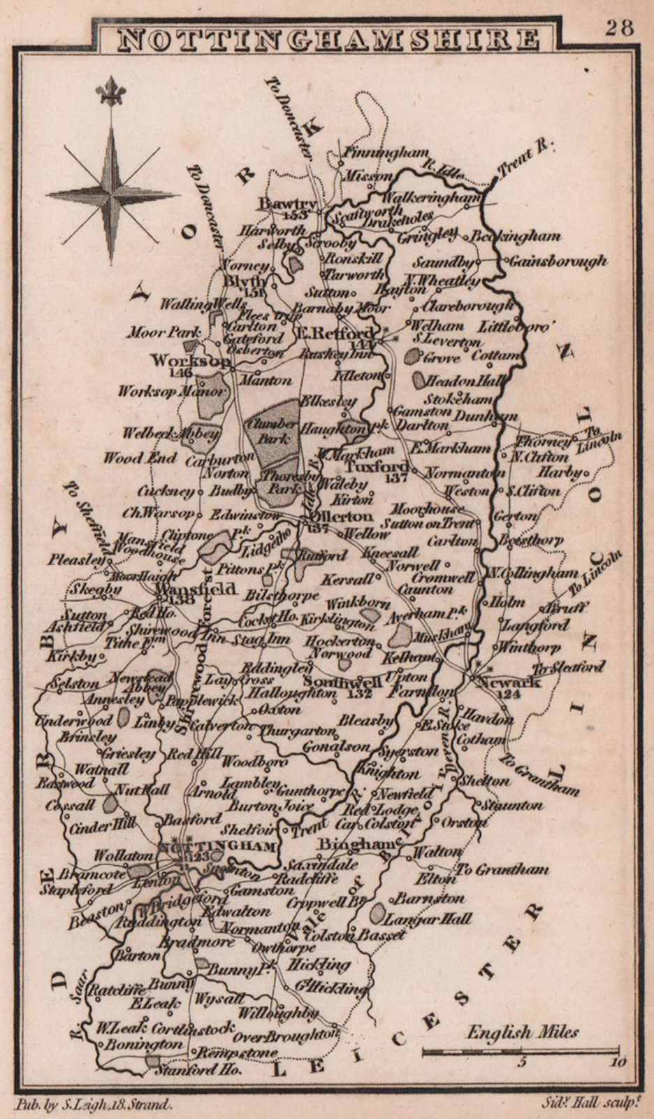 Associate Product Nottinghamshire miniature county map by Samuel Leigh / Sidney Hall c1820