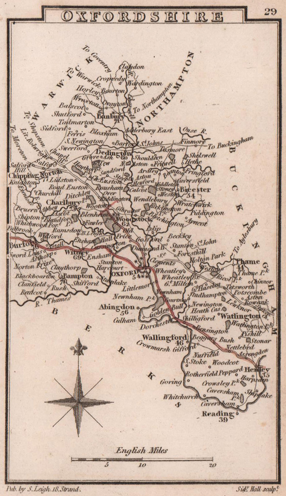 Oxfordshire miniature county map by Samuel Leigh / Sidney Hall c1820 old