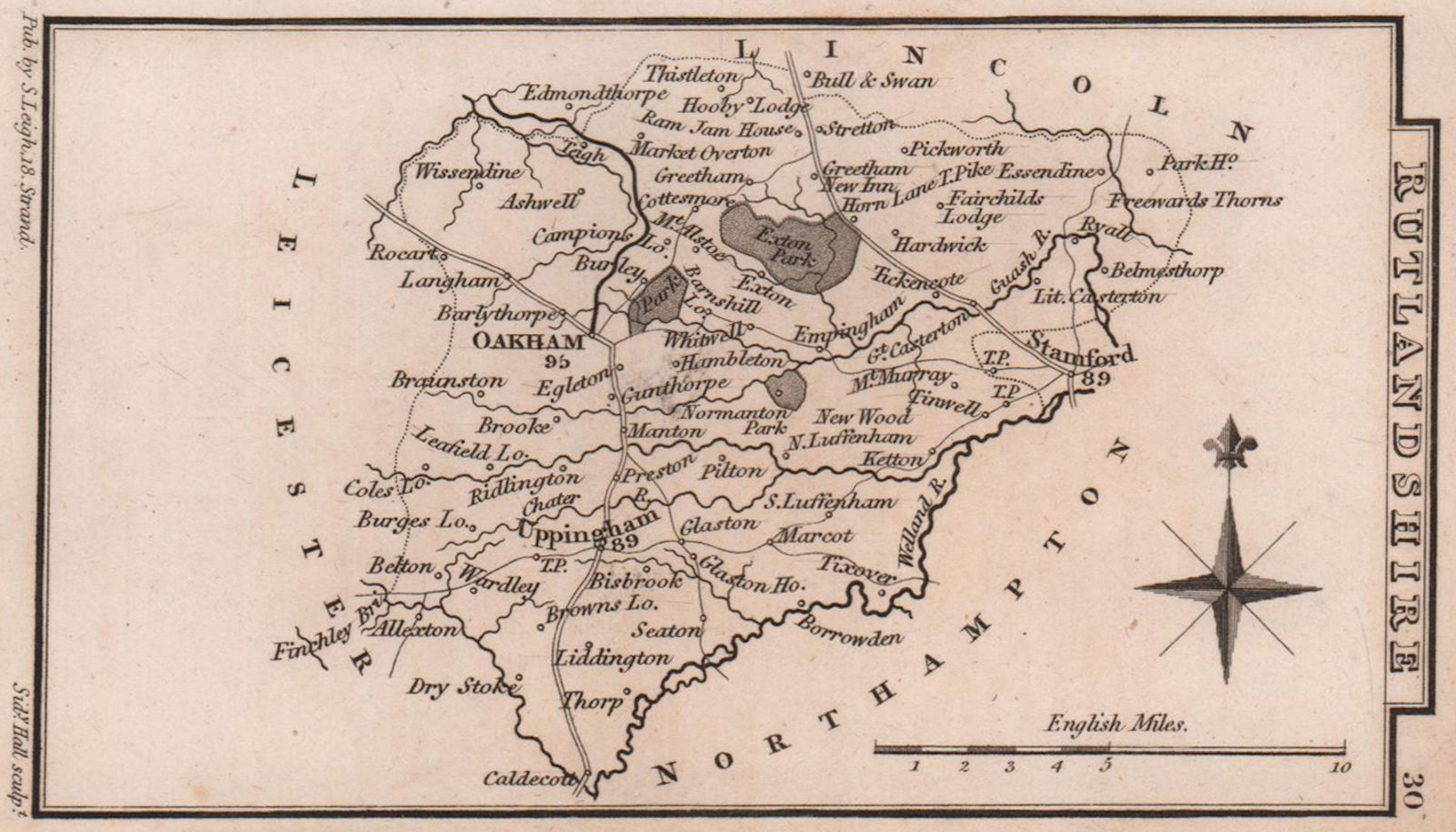 Rutlandshire miniature county map by Samuel Leigh / Sidney Hall c1820 old