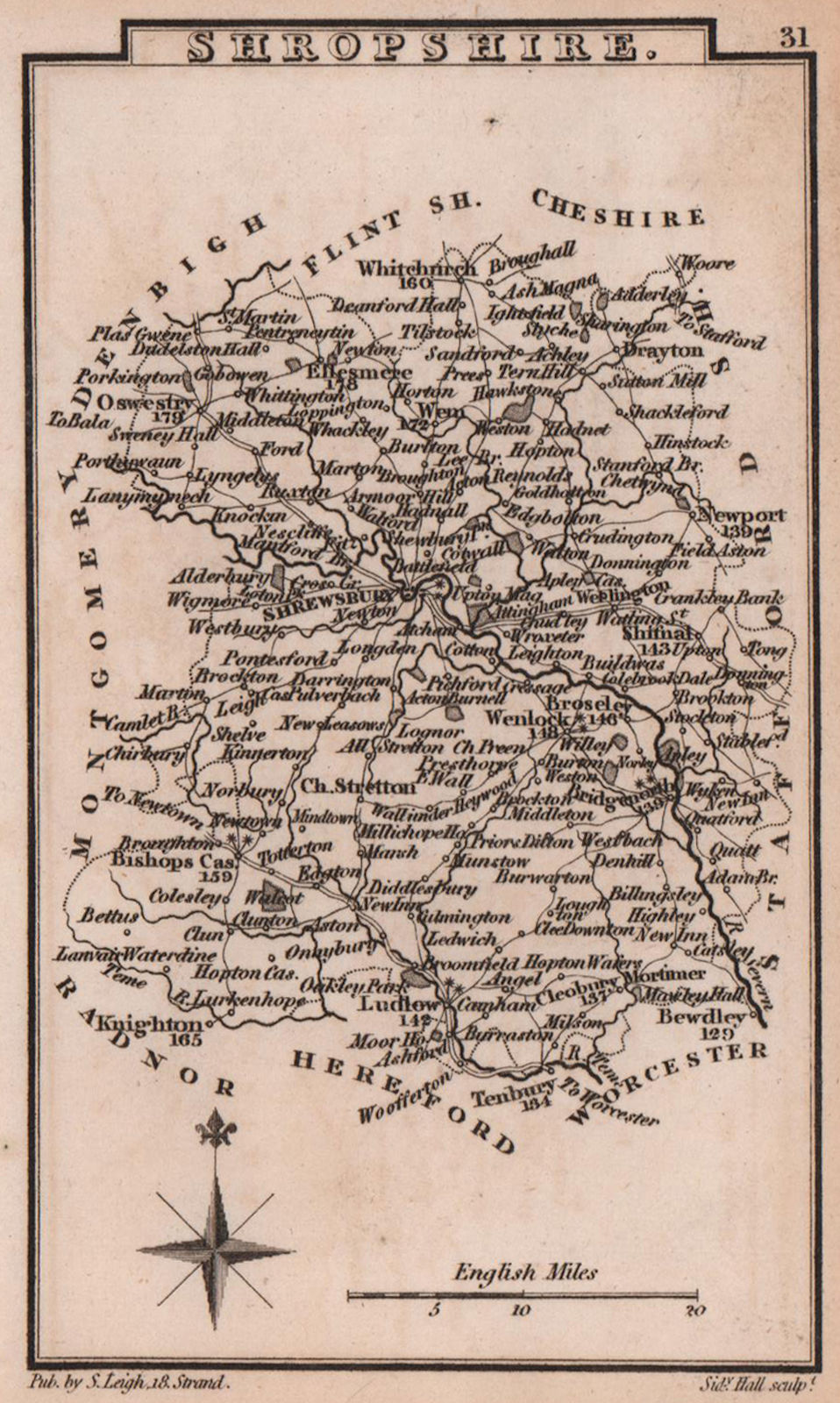 Shropshire miniature county map by Samuel Leigh / Sidney Hall c1820 old