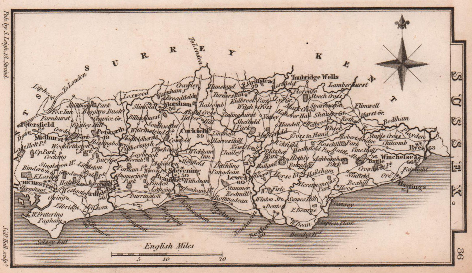 Associate Product Sussex miniature county map by Samuel Leigh / Sidney Hall c1820 old