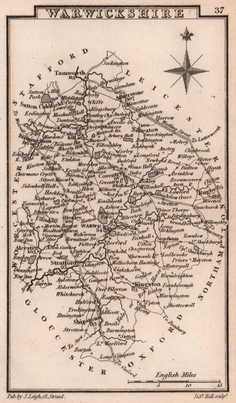 Warwickshire miniature county map by Samuel Leigh / Sidney Hall c1820 old