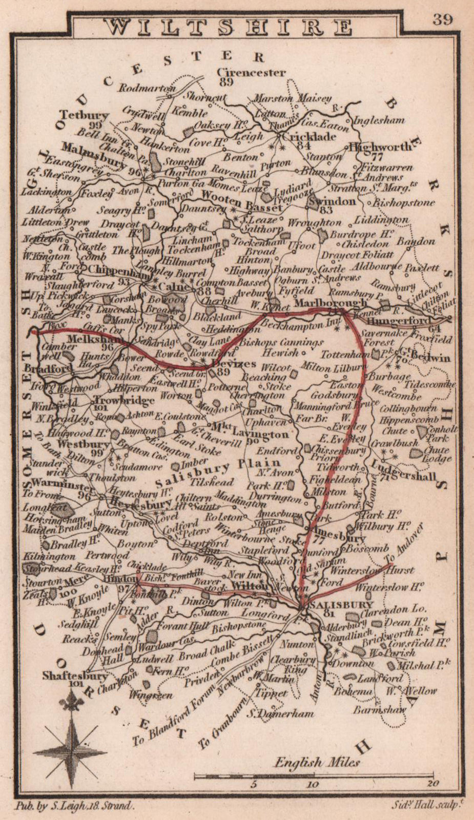 Associate Product Wiltshire miniature county map by Samuel Leigh / Sidney Hall c1820 old