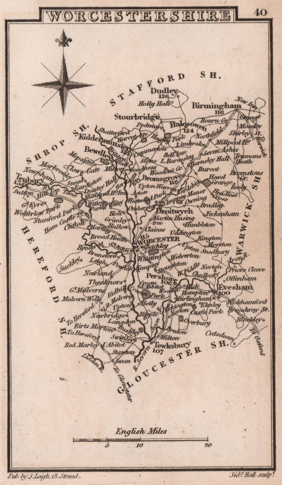 Worcestershire miniature county map by Samuel Leigh / Sidney Hall c1820