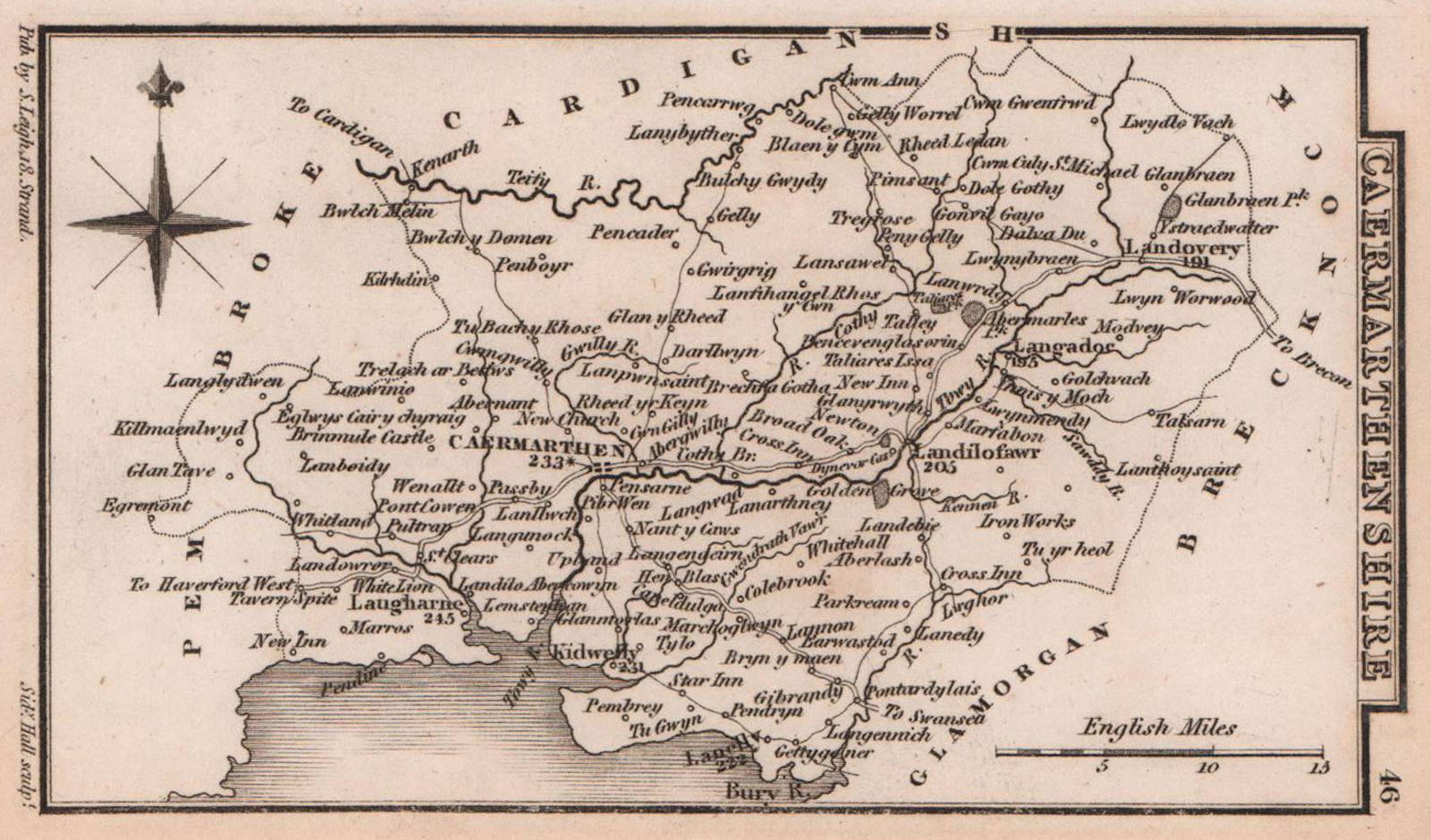 Associate Product Caermarthenshire Carmarthenshire county map by Samuel Leigh / Sidney Hall c1820