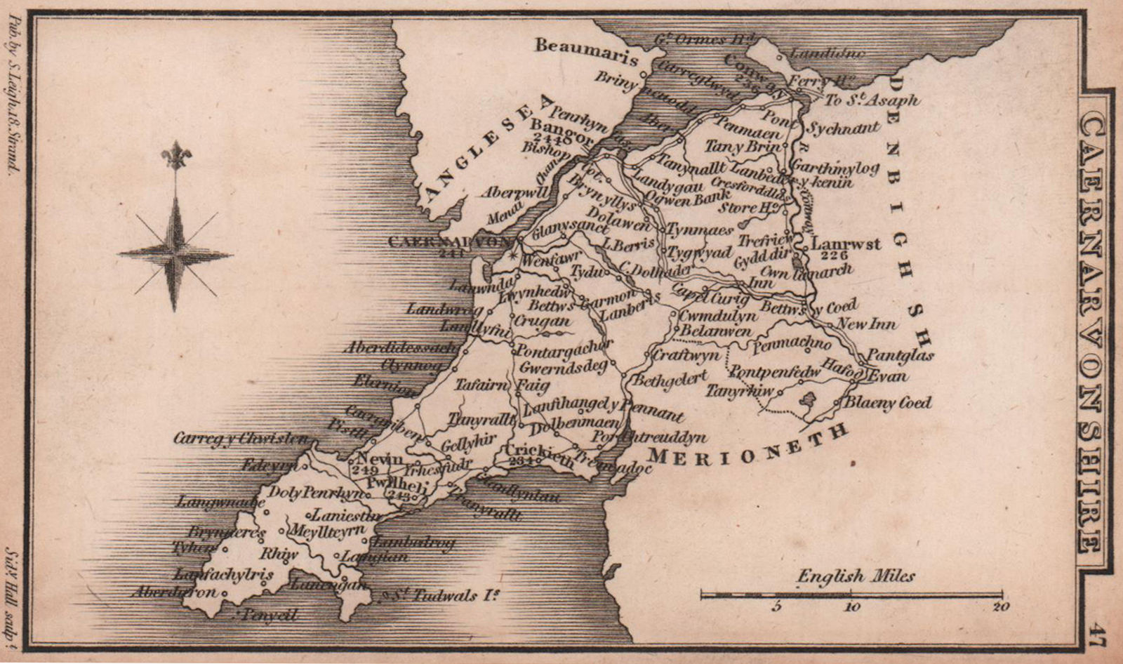 Caernarvonshire Caernarfonshire county map by Samuel Leigh / Sidney Hall c1820