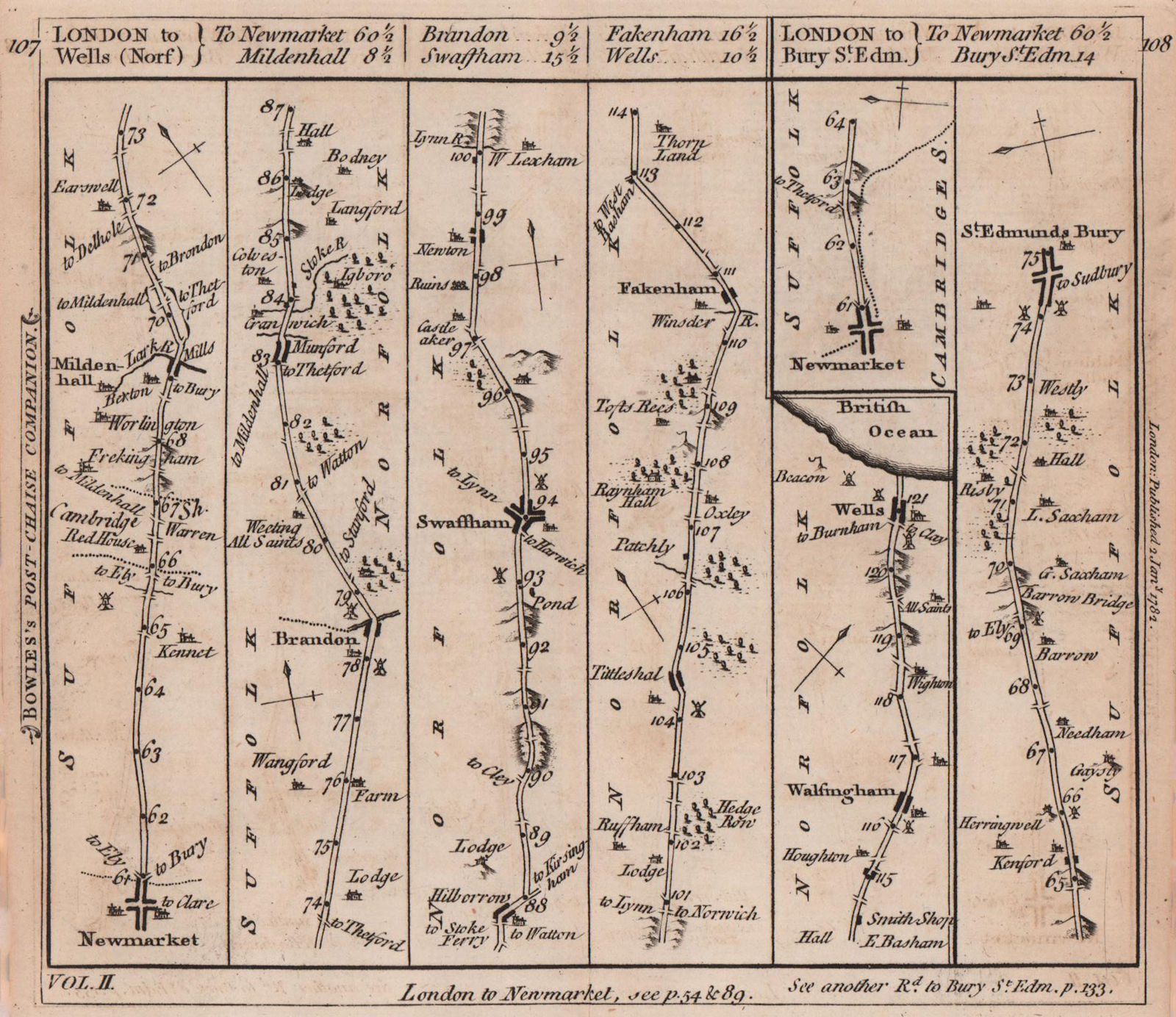 Bury St. Edmunds-Newmarket-Swaffham-Wells road strip map. BOWLES 1782 old
