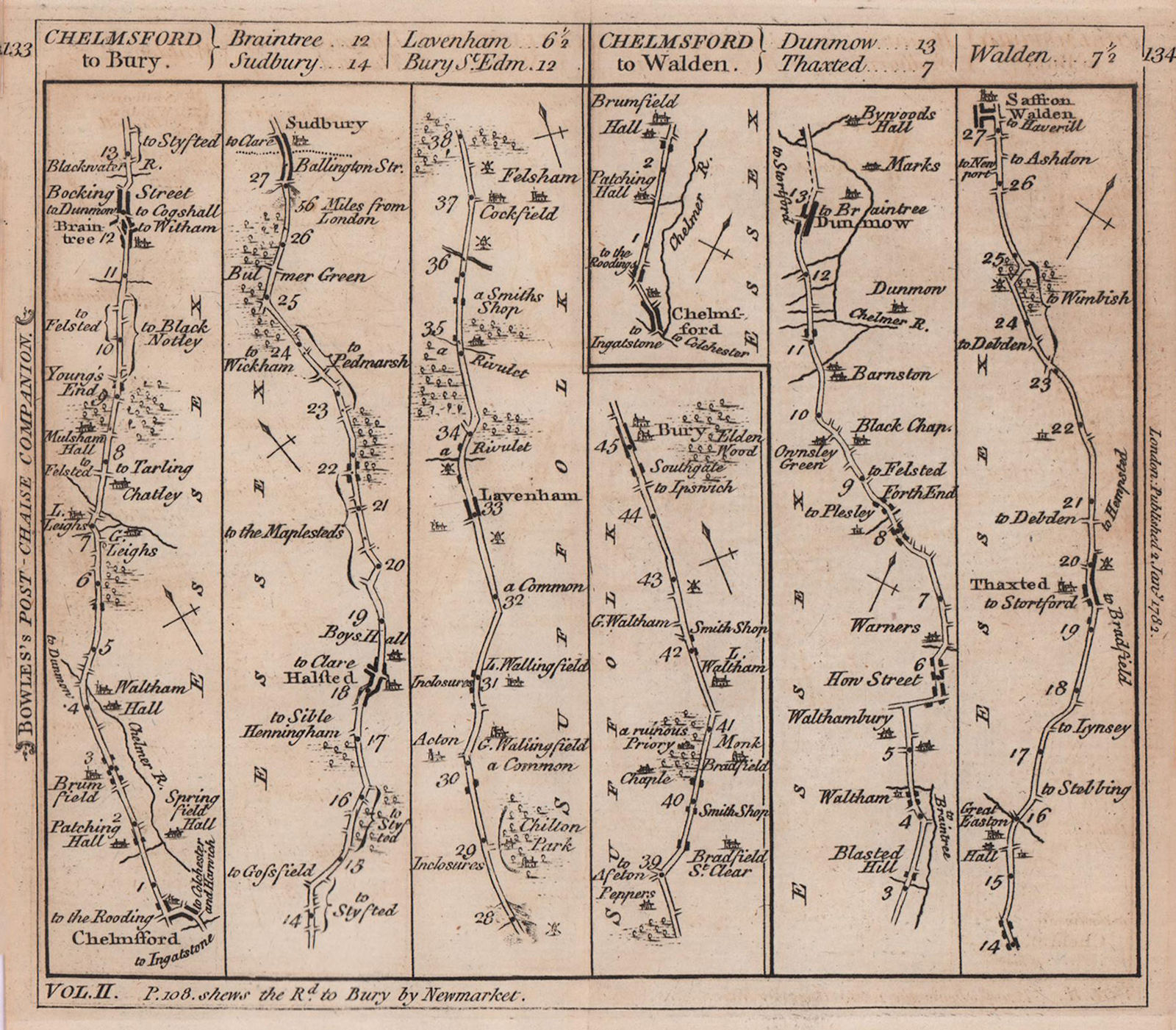 Chelmsford-Braintree-Bury St. Edmunds. Dunmow road strip map. BOWLES 1782