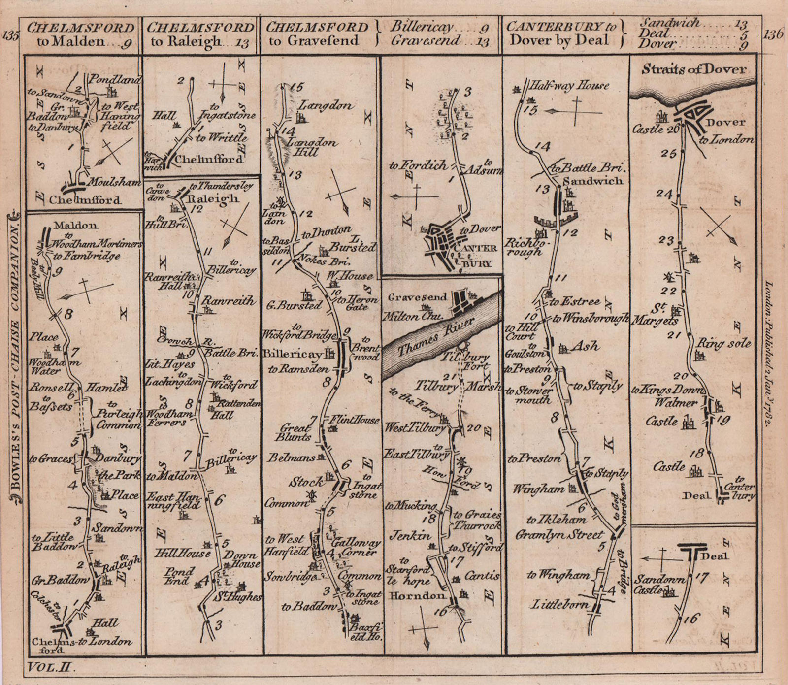 Associate Product Chelmsford-Billericay-Gravesend. Canterbury-Dover road strip map BOWLES 1782