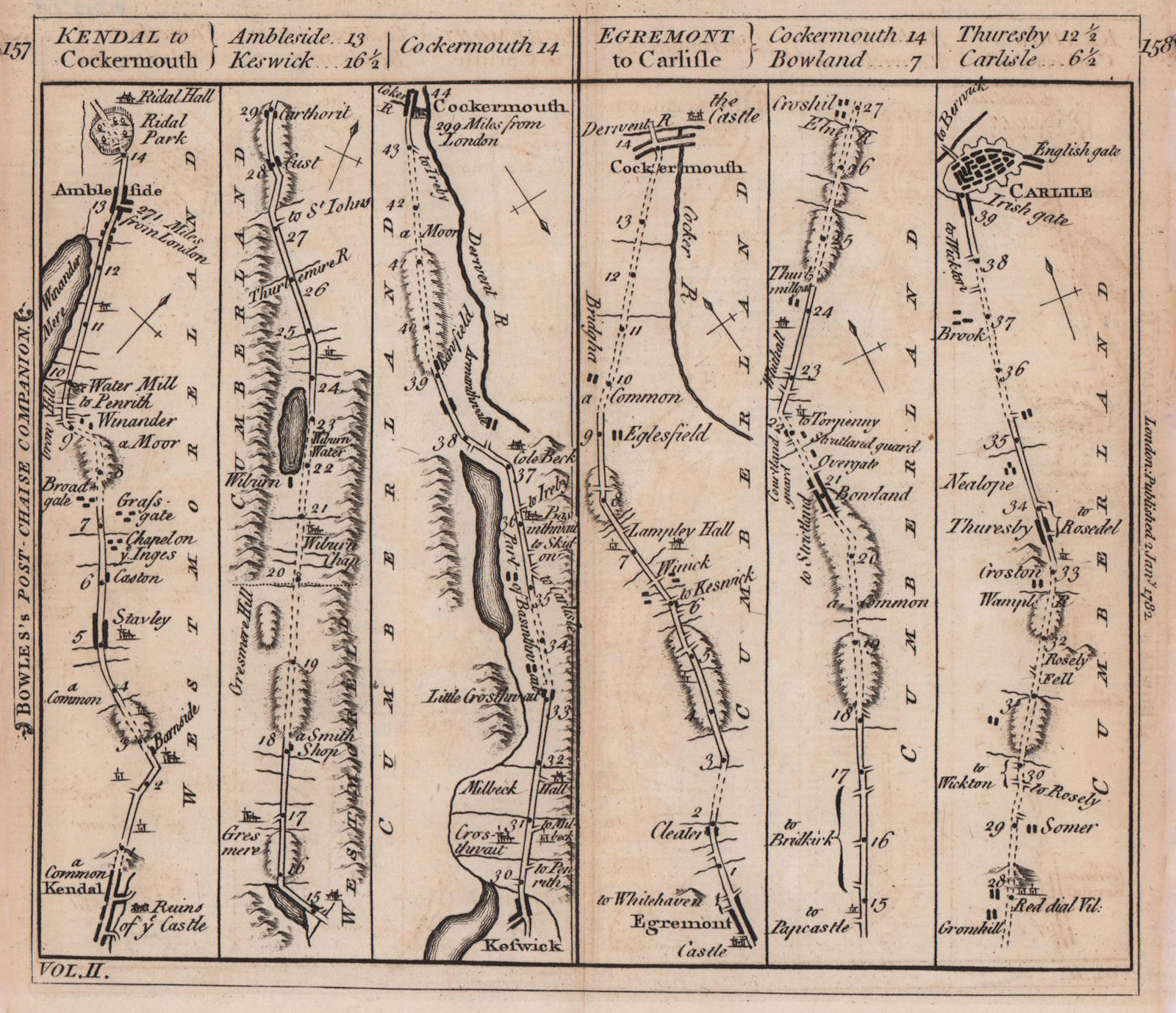 Kendal-Ambleside-Cockermouth. Egremont-Carlisle road strip map. BOWLES 1782