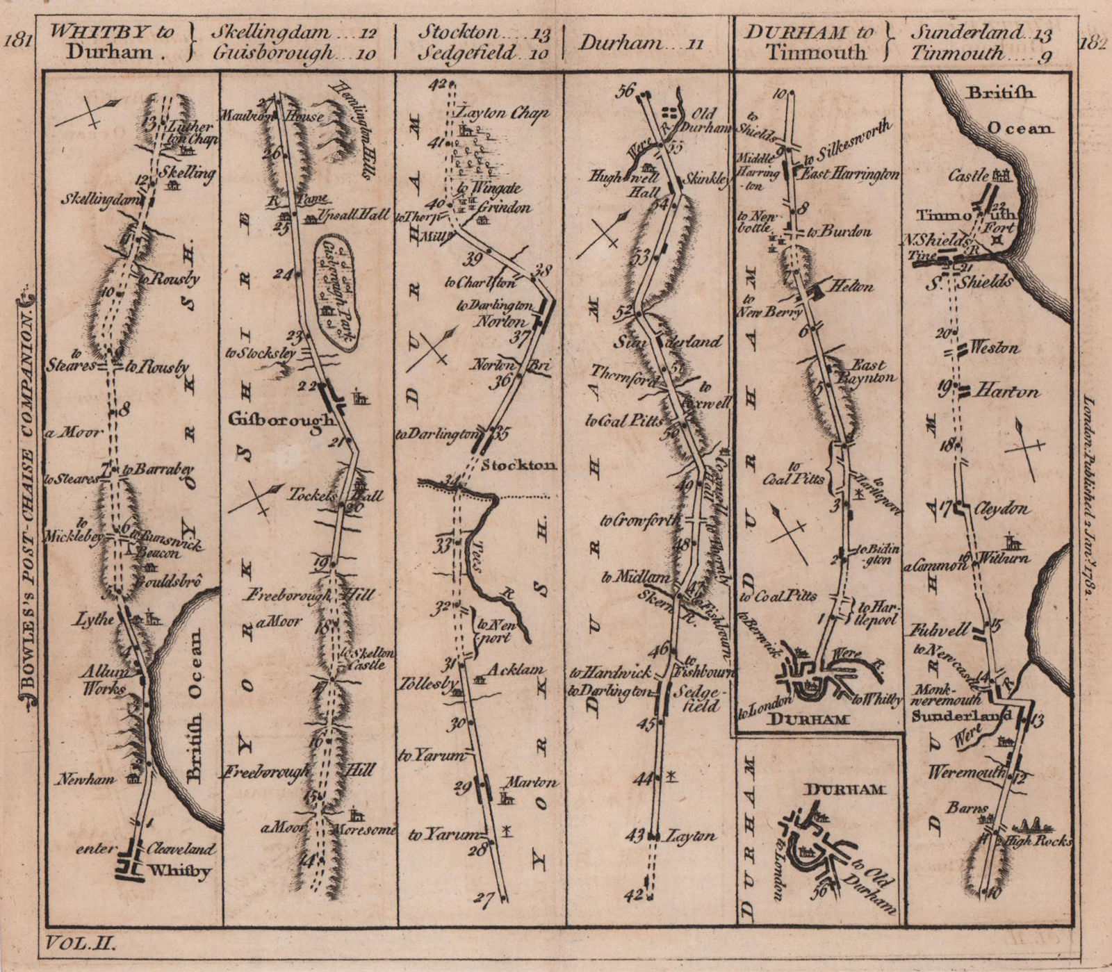 Whitby-Stockton-Durham-Sunderland-Tynemouth road strip map. BOWLES 1782