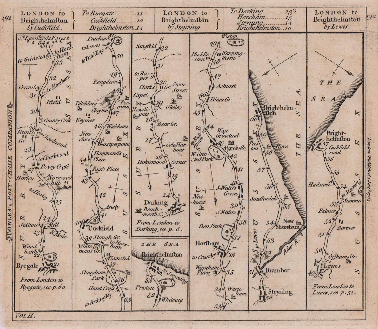 Reigate-Brighton. Dorking-Horsham-Brighton. Lewes road strip map BOWLES 1782