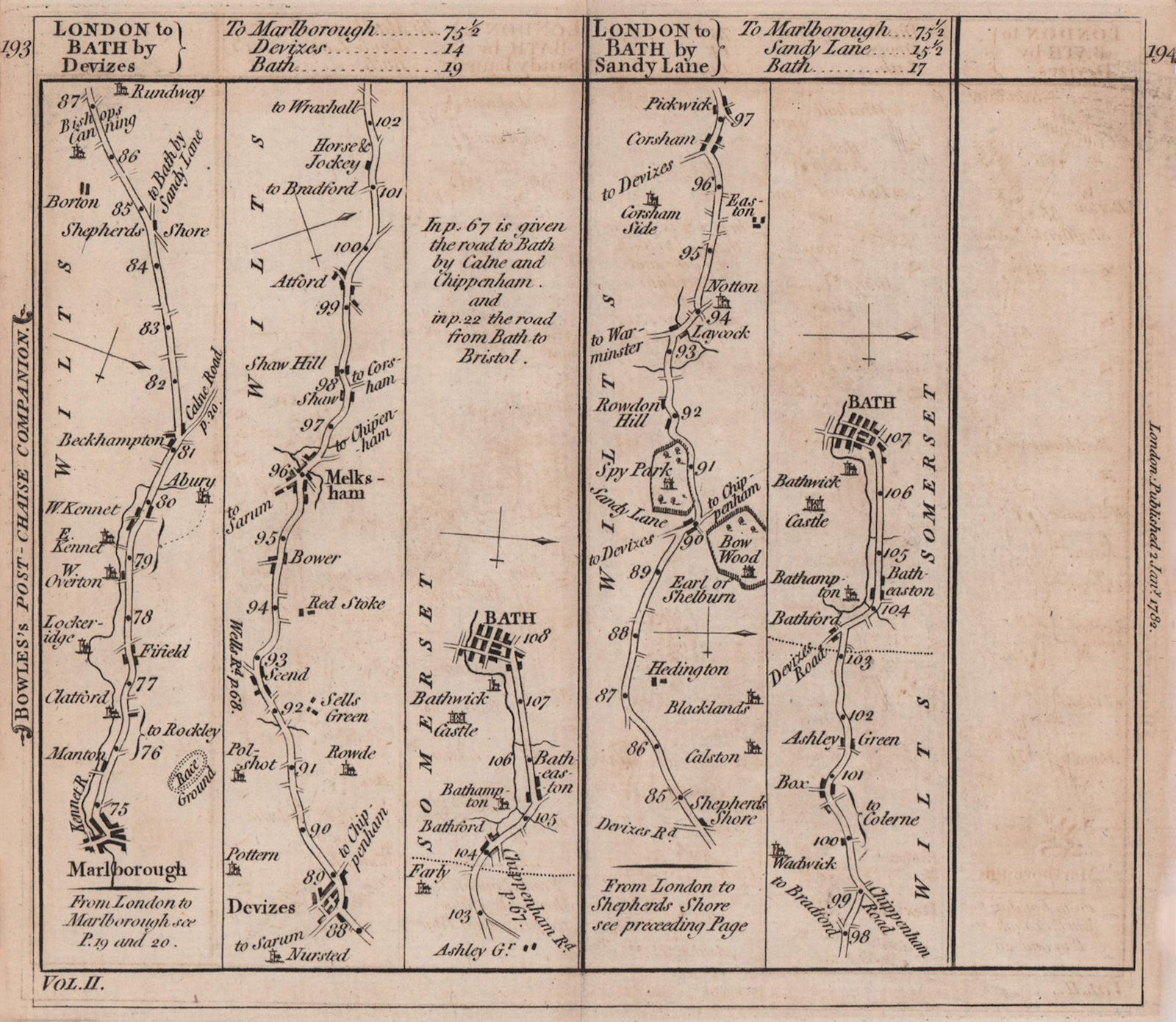 Marlborough-Devizes-Melksham-Bath. Lacock-Corsham road strip map BOWLES 1782