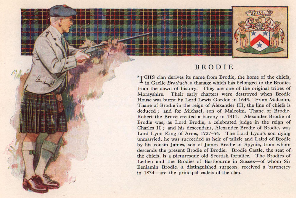 Associate Product Brodie. Scotland Scottish clans tartans arms 1957 old vintage print picture
