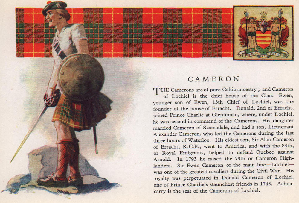 Cameron. Scotland Scottish clans tartans arms 1957 old vintage print picture