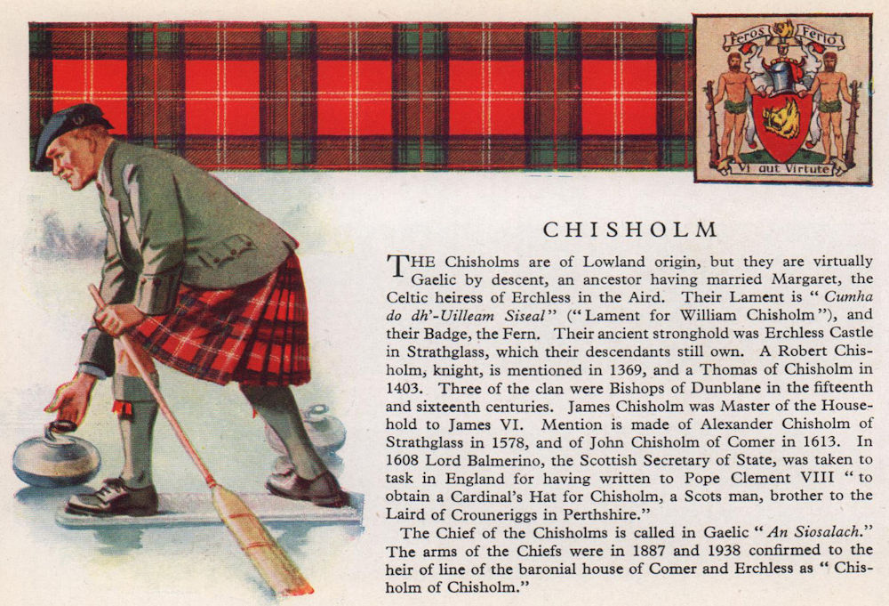 Chisholm. Scotland Scottish clans tartans arms 1957 old vintage print picture