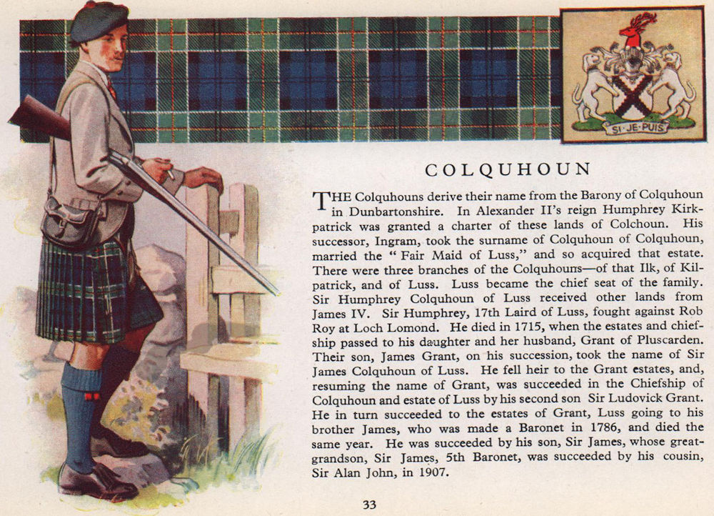Colquhoun. Scotland Scottish clans tartans arms 1957 old vintage print picture