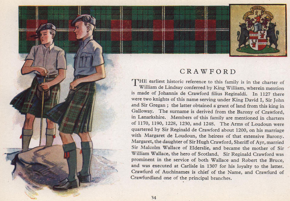 Crawford. Scotland Scottish clans tartans arms 1957 old vintage print picture