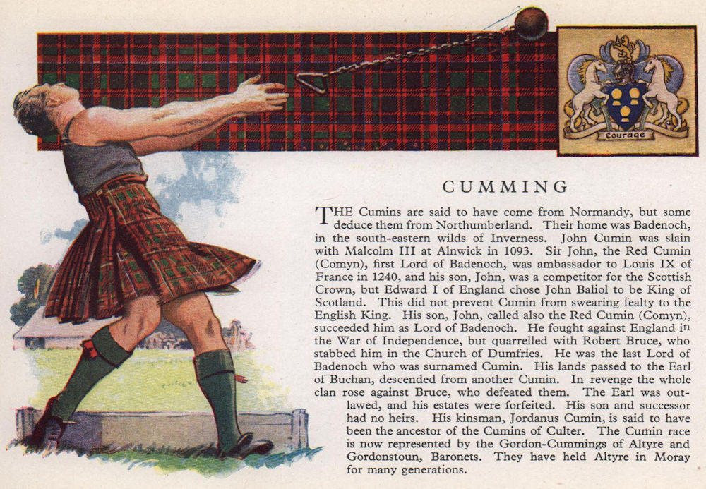 Cumming. Scotland Scottish clans tartans arms 1957 old vintage print picture