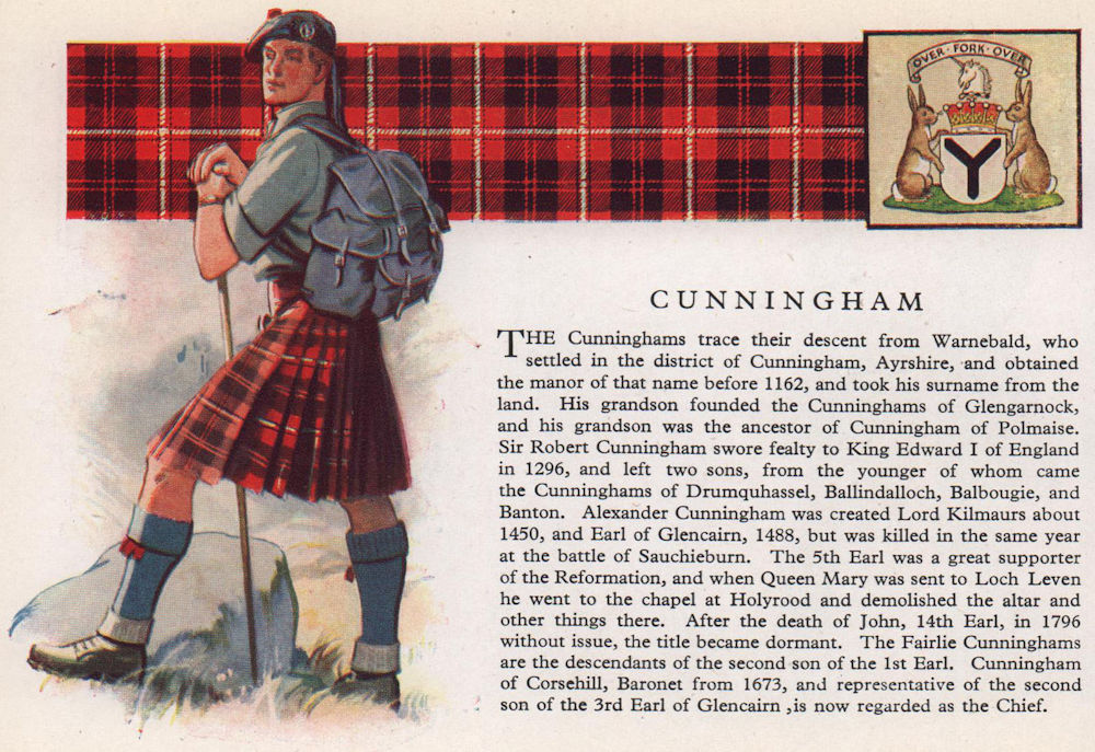 Cunningham. Scotland Scottish clans tartans arms 1957 old vintage print