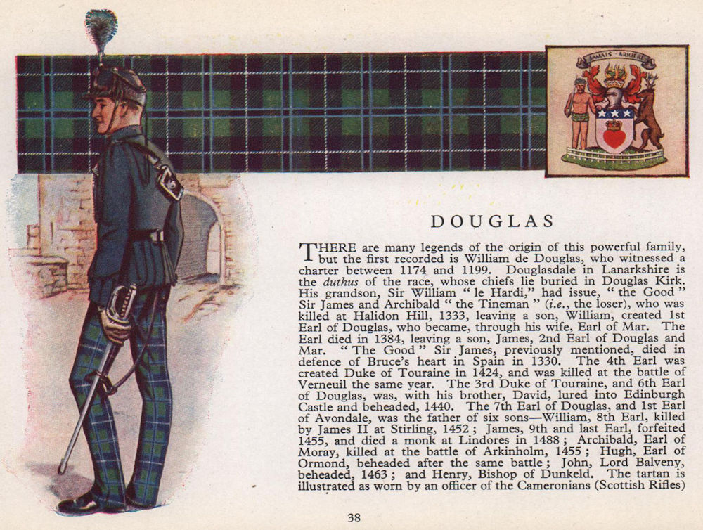 Douglas. Scotland Scottish clans tartans arms 1957 old vintage print picture