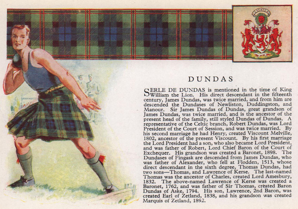 Dundas. Scotland Scottish clans tartans arms 1957 old vintage print picture