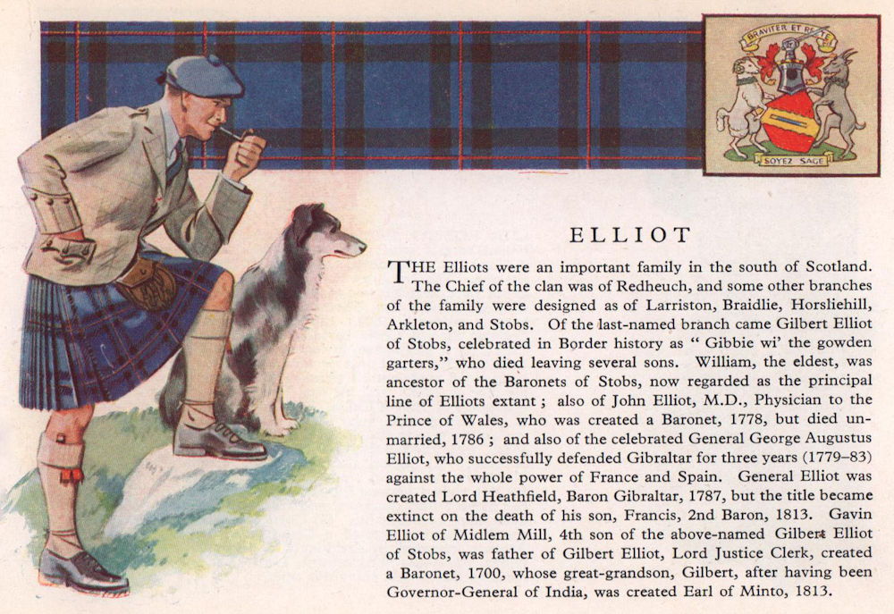 Elliot. Scotland Scottish clans tartans arms 1957 old vintage print picture