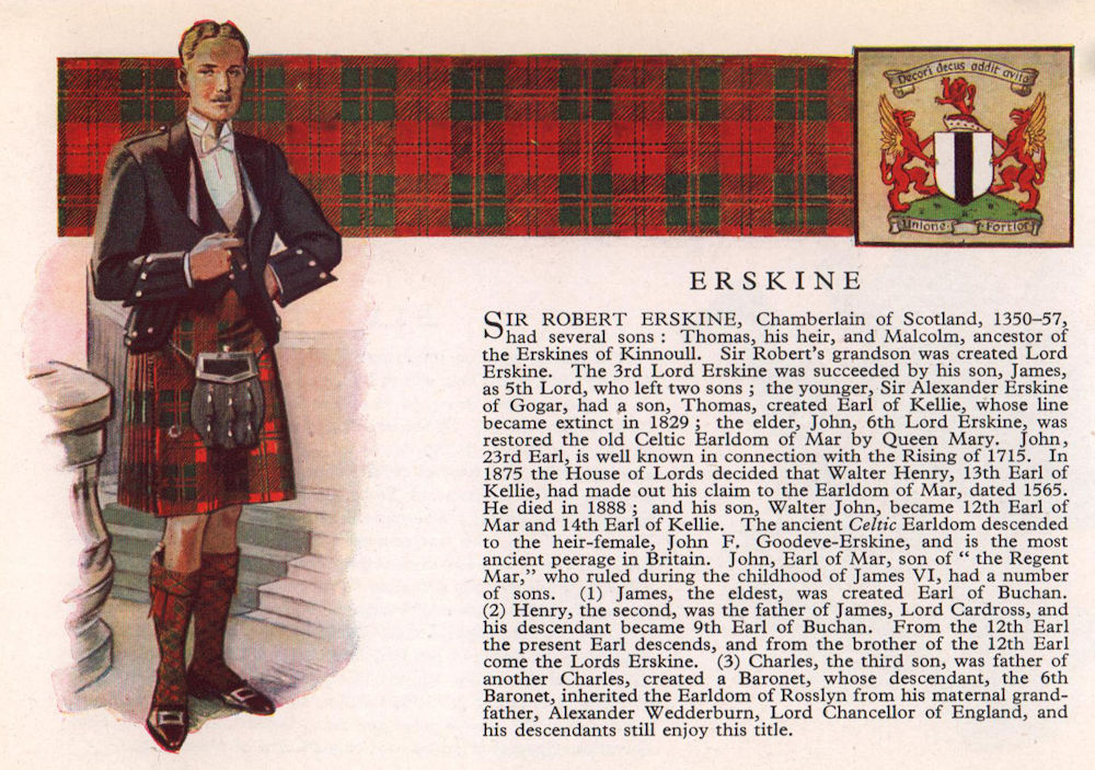 Erskine. Scotland Scottish clans tartans arms 1957 old vintage print picture